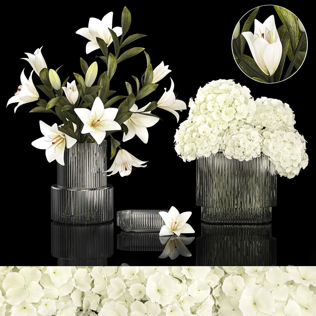 White Flower Bouquet 3D Model – Elegant Glass Vase, PBR Textures - View 8