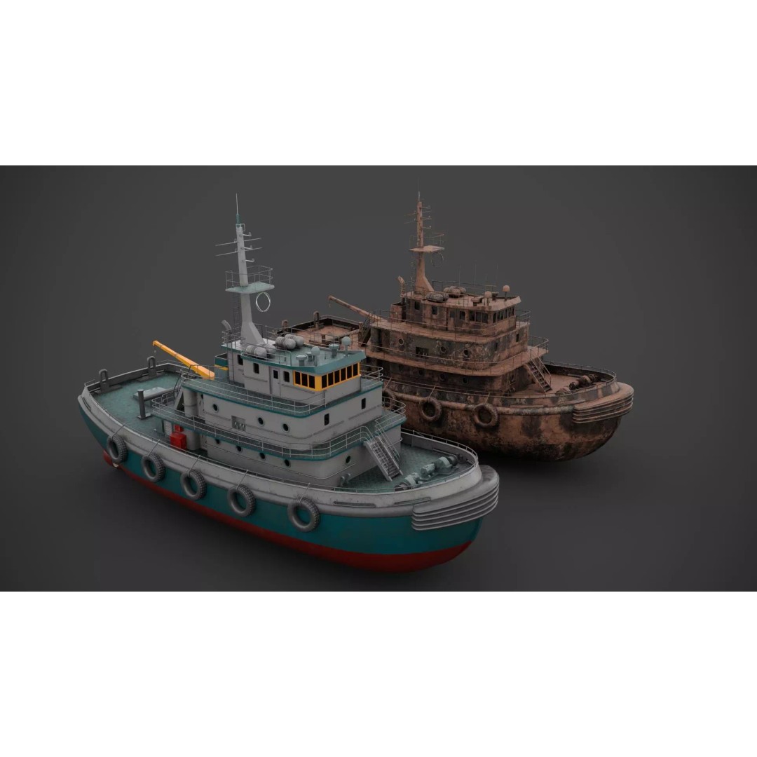 Tug Boat 3D Model – Low Poly Industrial Watercraft, FBX - View 2