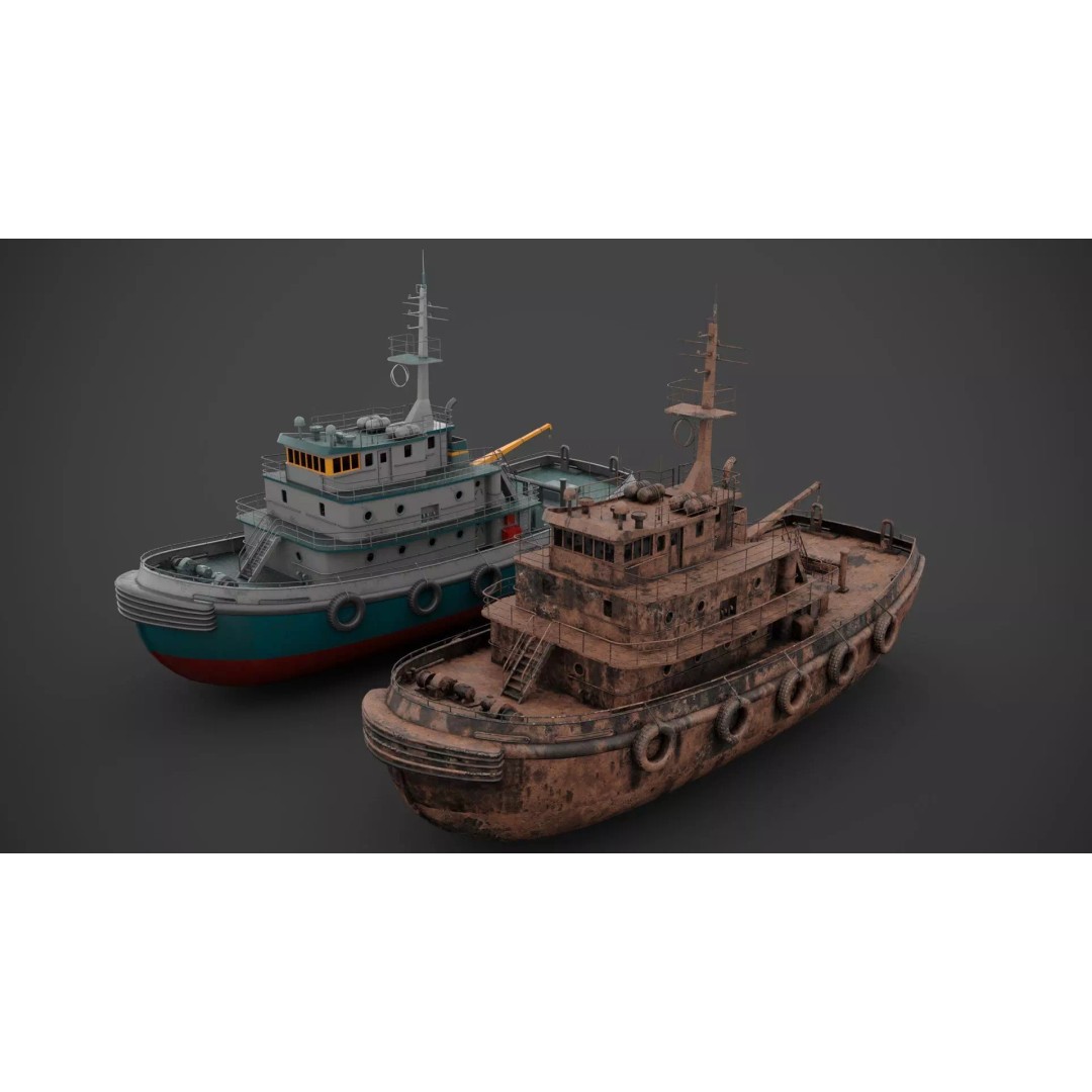 Tug Boat 3D Model – Low Poly Industrial Watercraft, FBX - View 3