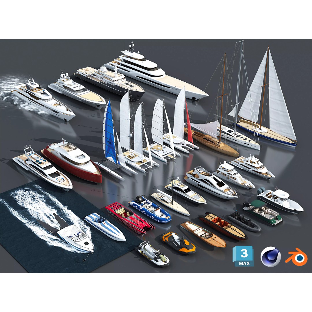 29 Yachts and Boats 3D Model – Low Poly Watercraft Collection, FBX, Blender - View 2