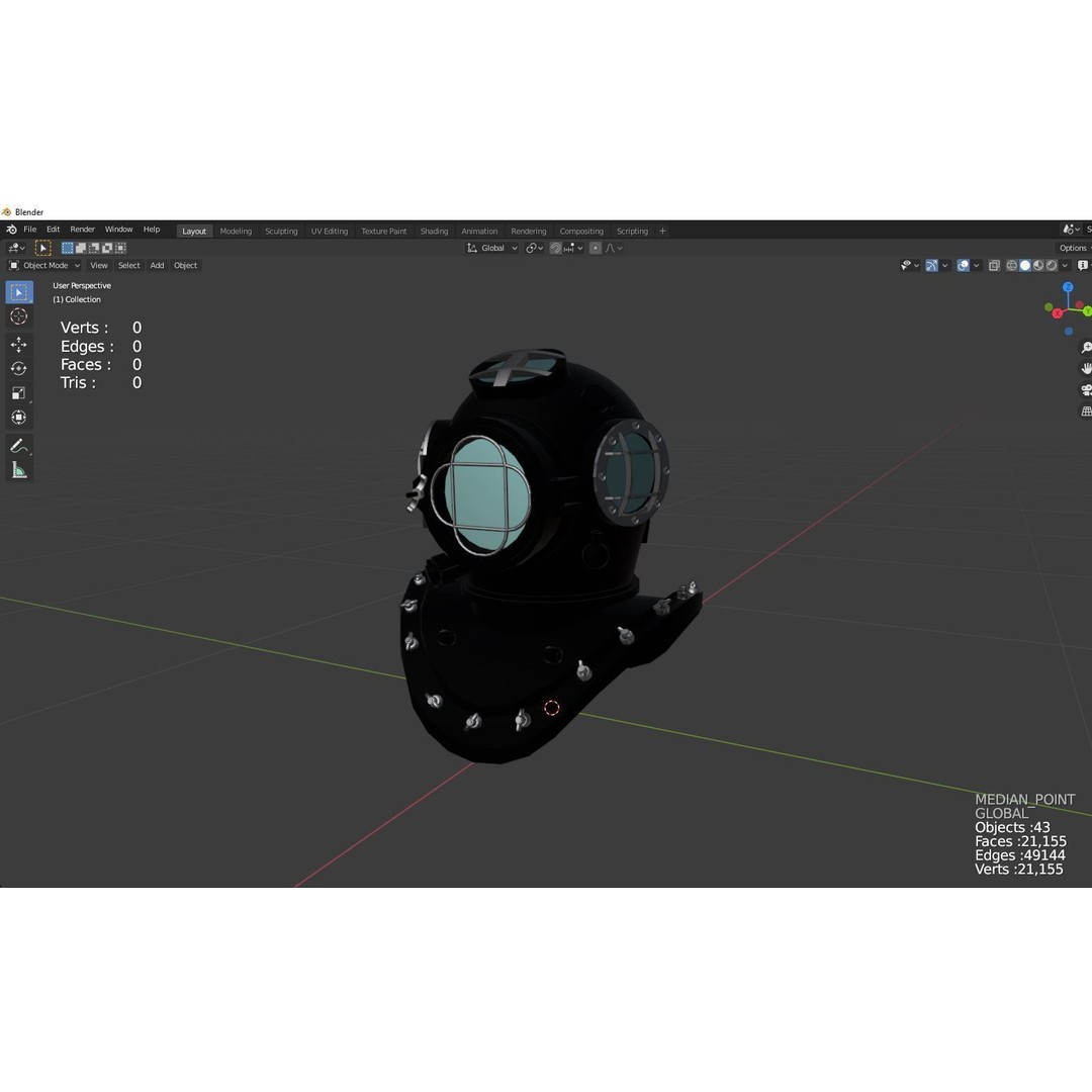 Diving Helmet 3D Model – Low Poly Vintage Underwater Equipment, FBX - View 3