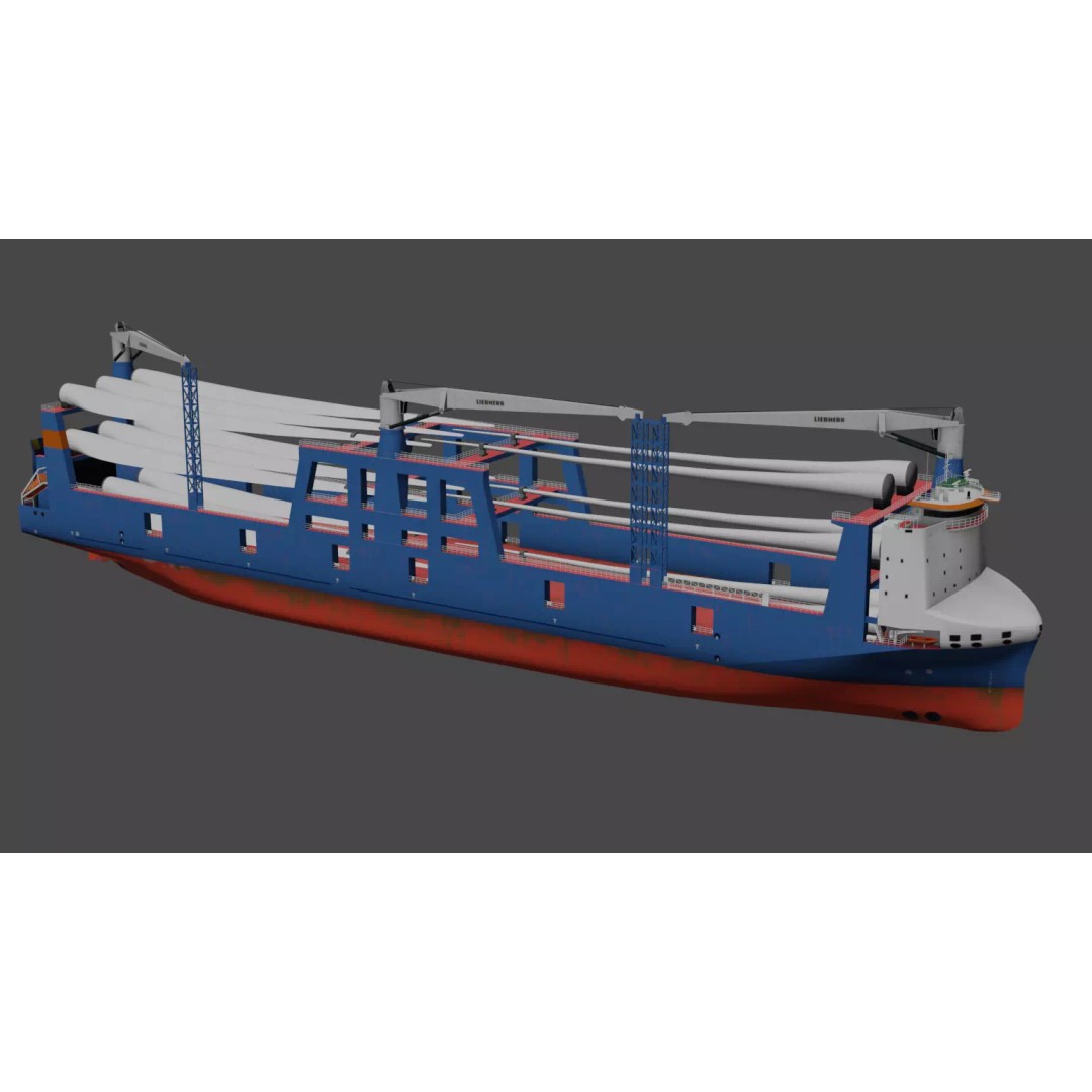 Wind Turbine Components Transportation Ship 3D Model – Low Poly Watercraft - View 2