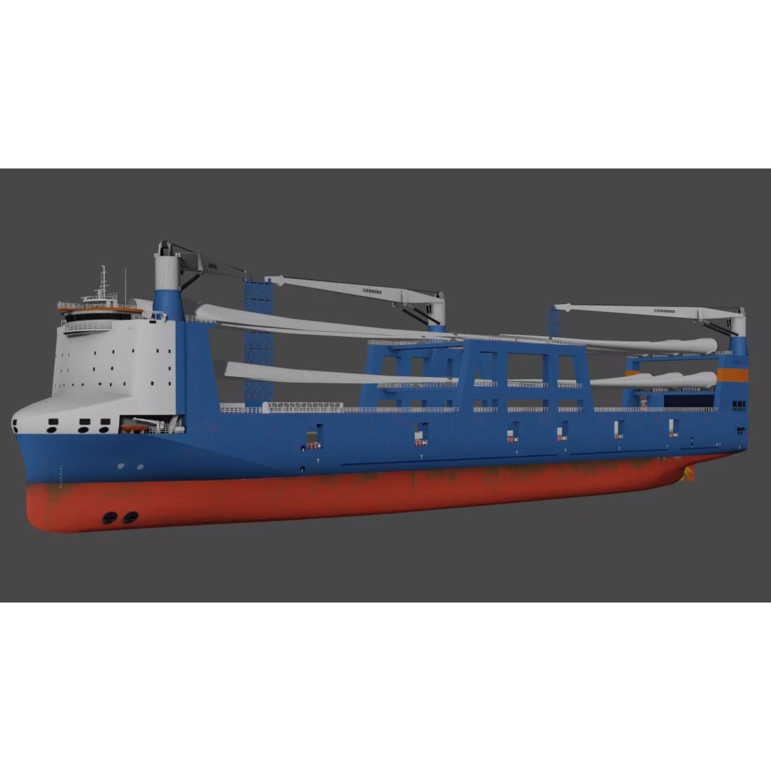 Wind Turbine Components Transportation Ship 3D Model – Low Poly Watercraft - View 3