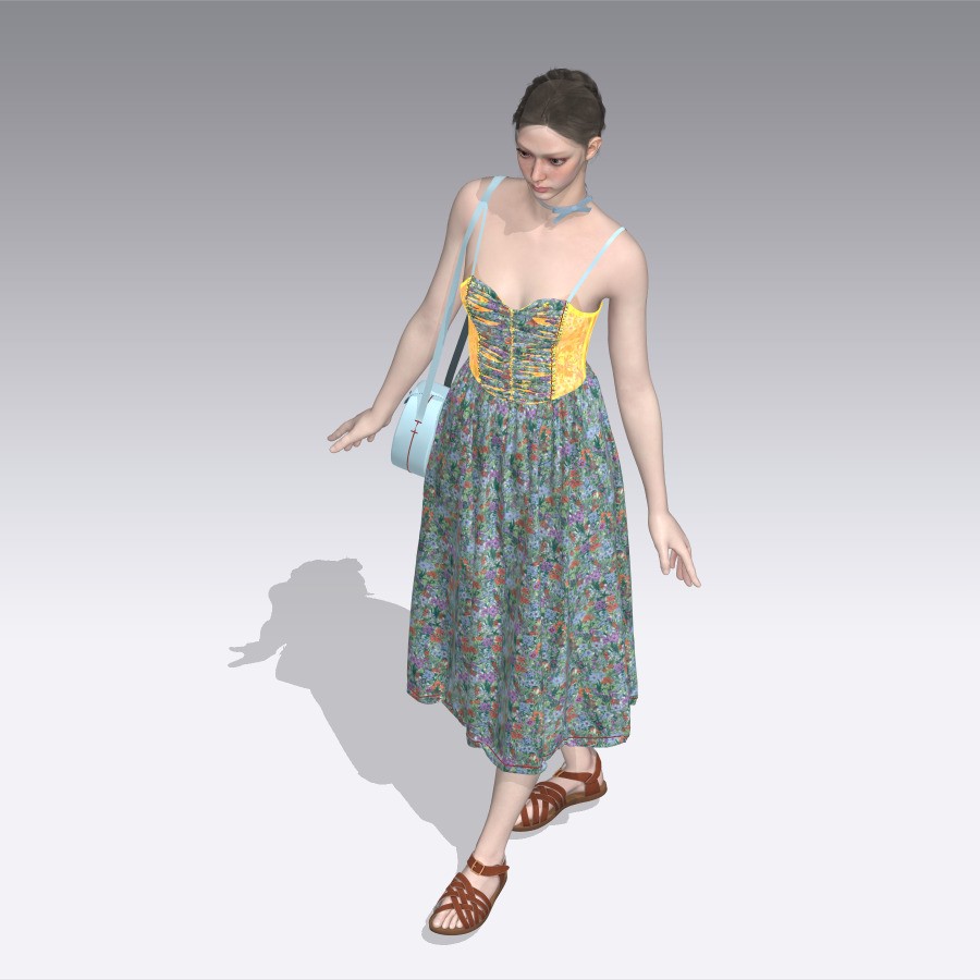 Floral Skirt Dress 3D Model – Elegant CLO 3D Design with Bag, FBX & OBJ