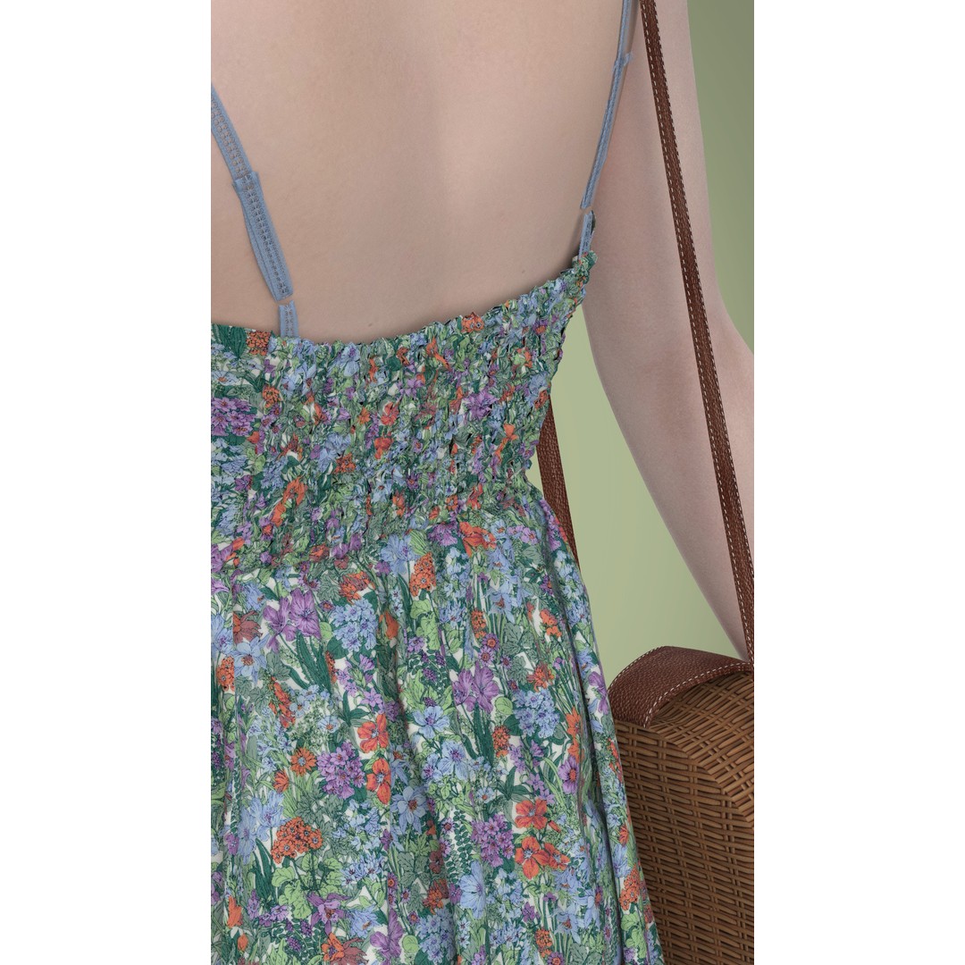 Floral Skirt Dress 3D Model – Elegant CLO 3D Design with Bag, FBX & OBJ - View 10