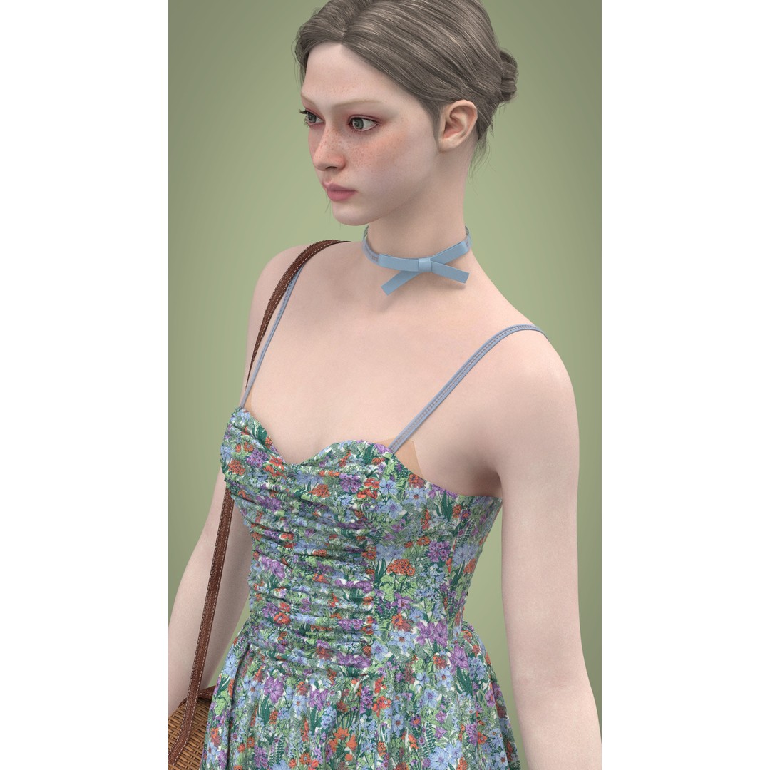 Floral Skirt Dress 3D Model – Elegant CLO 3D Design with Bag, FBX & OBJ - View 11