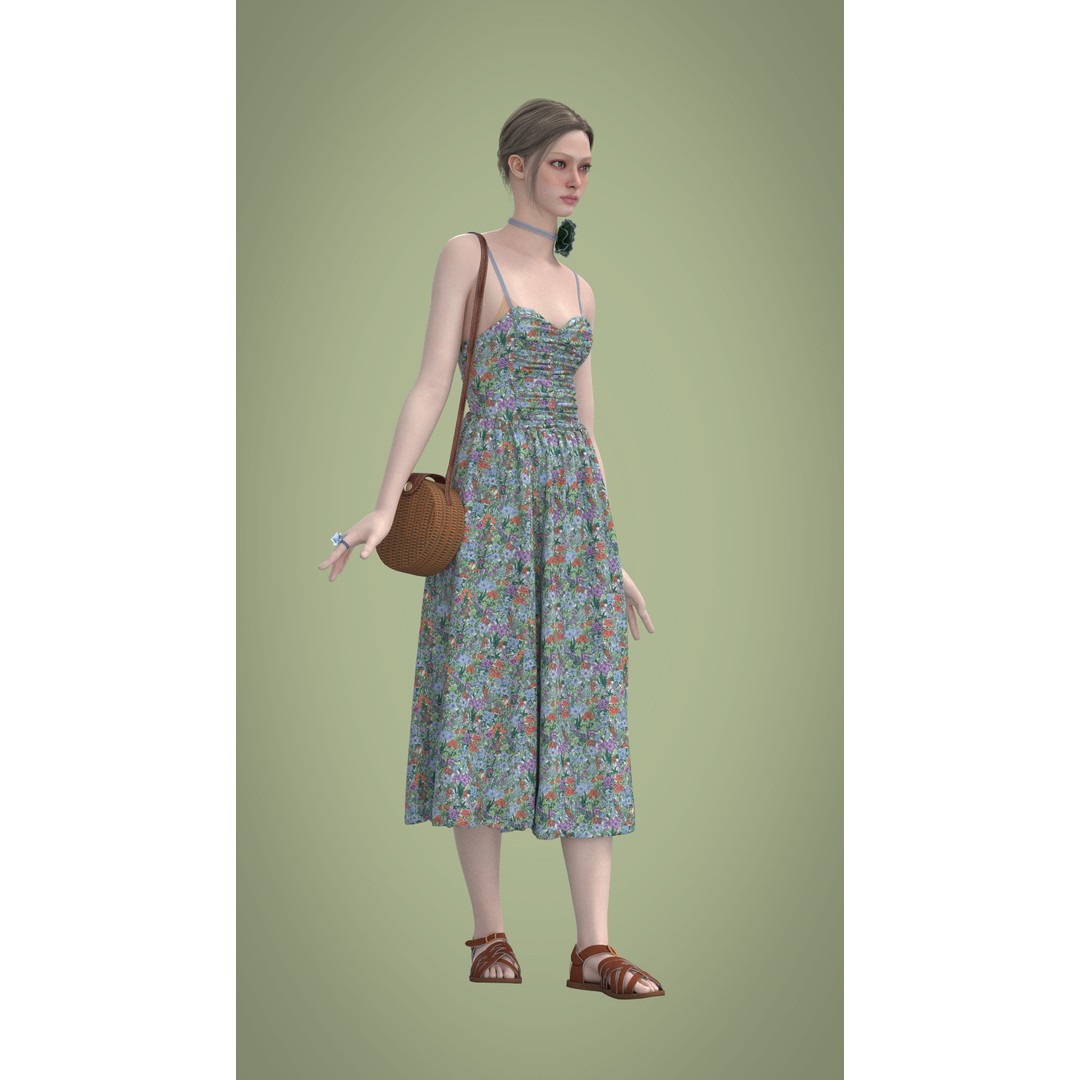 Floral Skirt Dress 3D Model – Elegant CLO 3D Design with Bag, FBX & OBJ - View 14