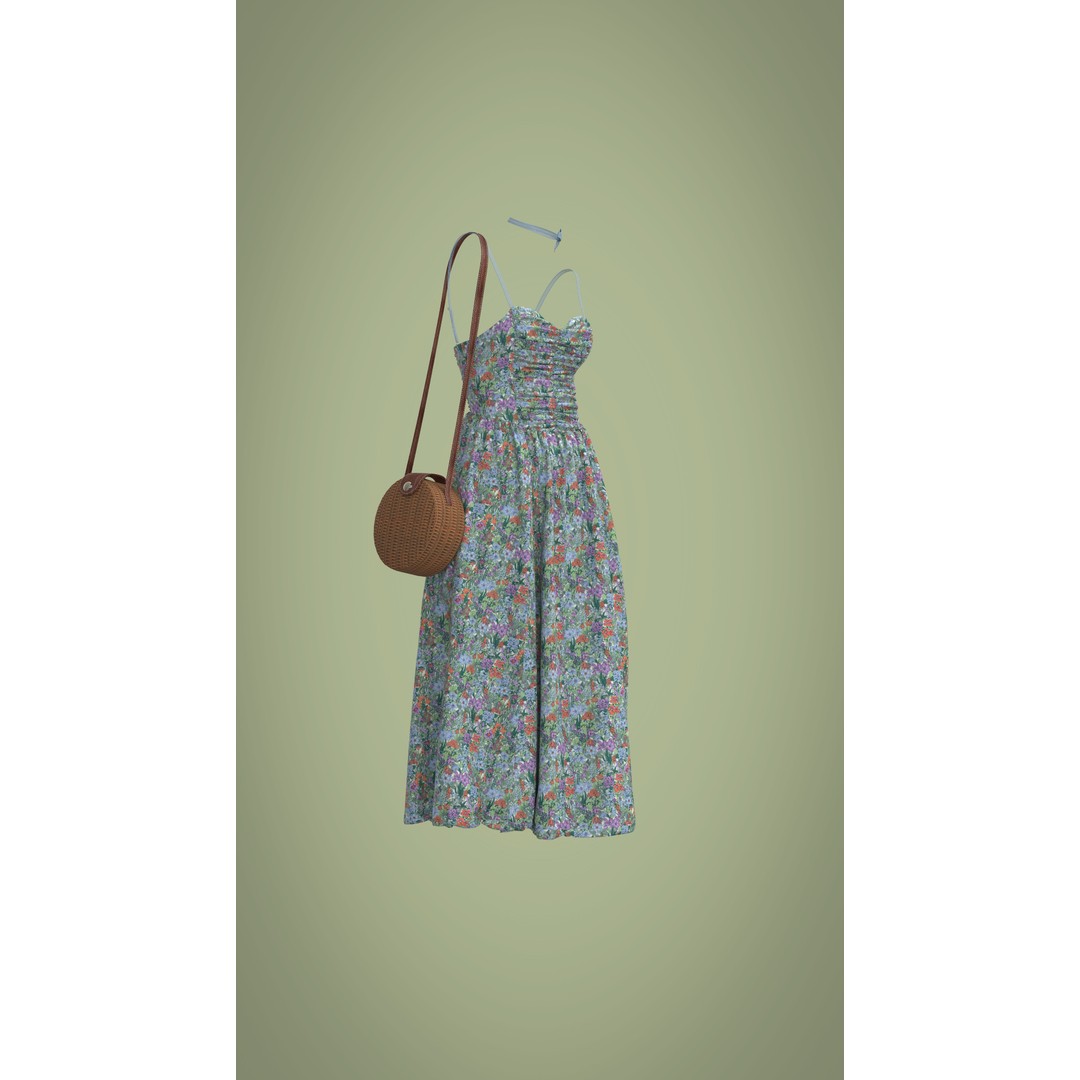 Floral Skirt Dress 3D Model – Elegant CLO 3D Design with Bag, FBX & OBJ - View 15