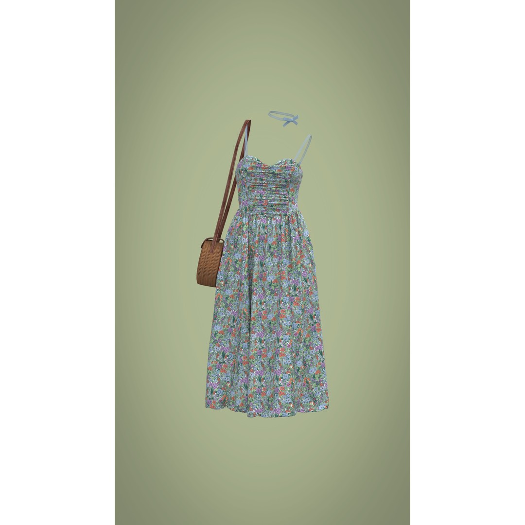 Floral Skirt Dress 3D Model – Elegant CLO 3D Design with Bag, FBX & OBJ - View 16