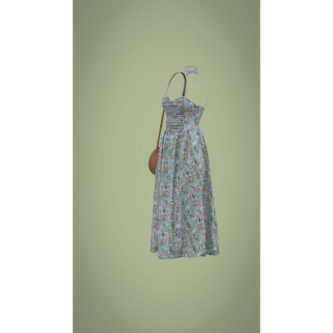 Floral Skirt Dress 3D Model – Elegant CLO 3D Design with Bag, FBX & OBJ - View 17