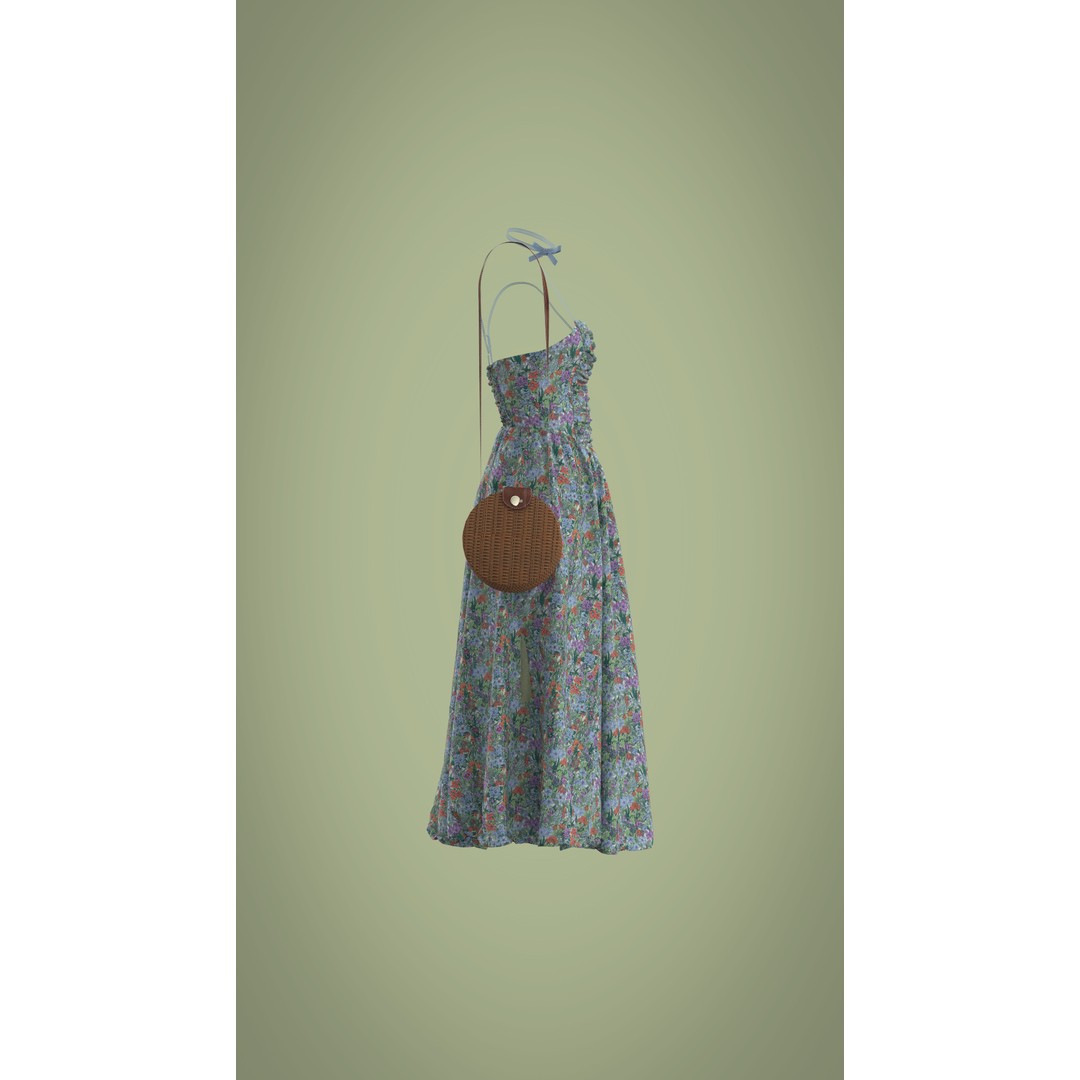 Floral Skirt Dress 3D Model – Elegant CLO 3D Design with Bag, FBX & OBJ - View 18