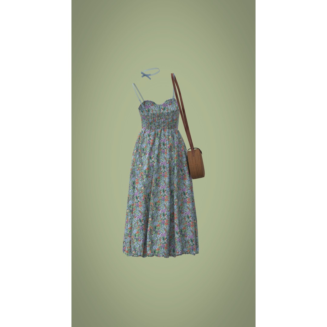 Floral Skirt Dress 3D Model – Elegant CLO 3D Design with Bag, FBX & OBJ - View 19