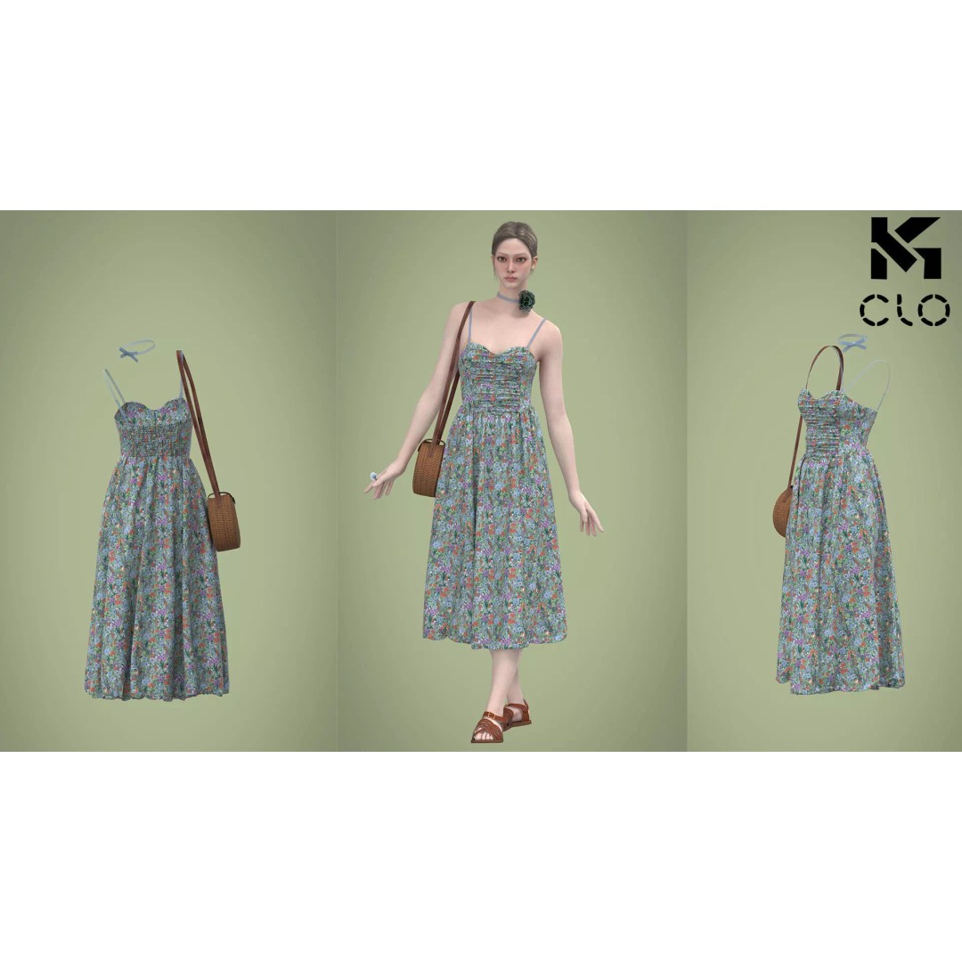 Floral Skirt Dress 3D Model – Elegant CLO 3D Design with Bag, FBX & OBJ - View 2