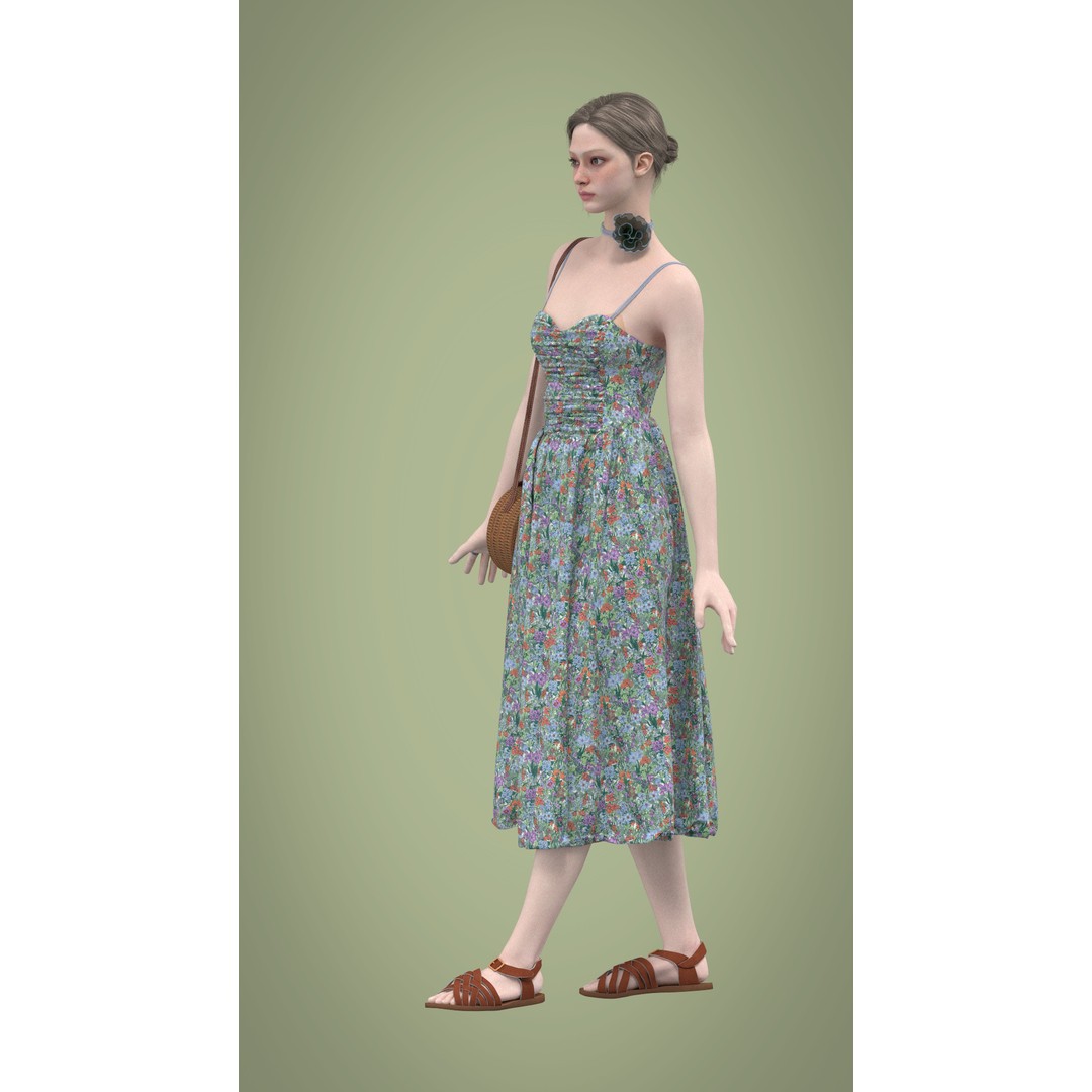 Floral Skirt Dress 3D Model – Elegant CLO 3D Design with Bag, FBX & OBJ - View 20