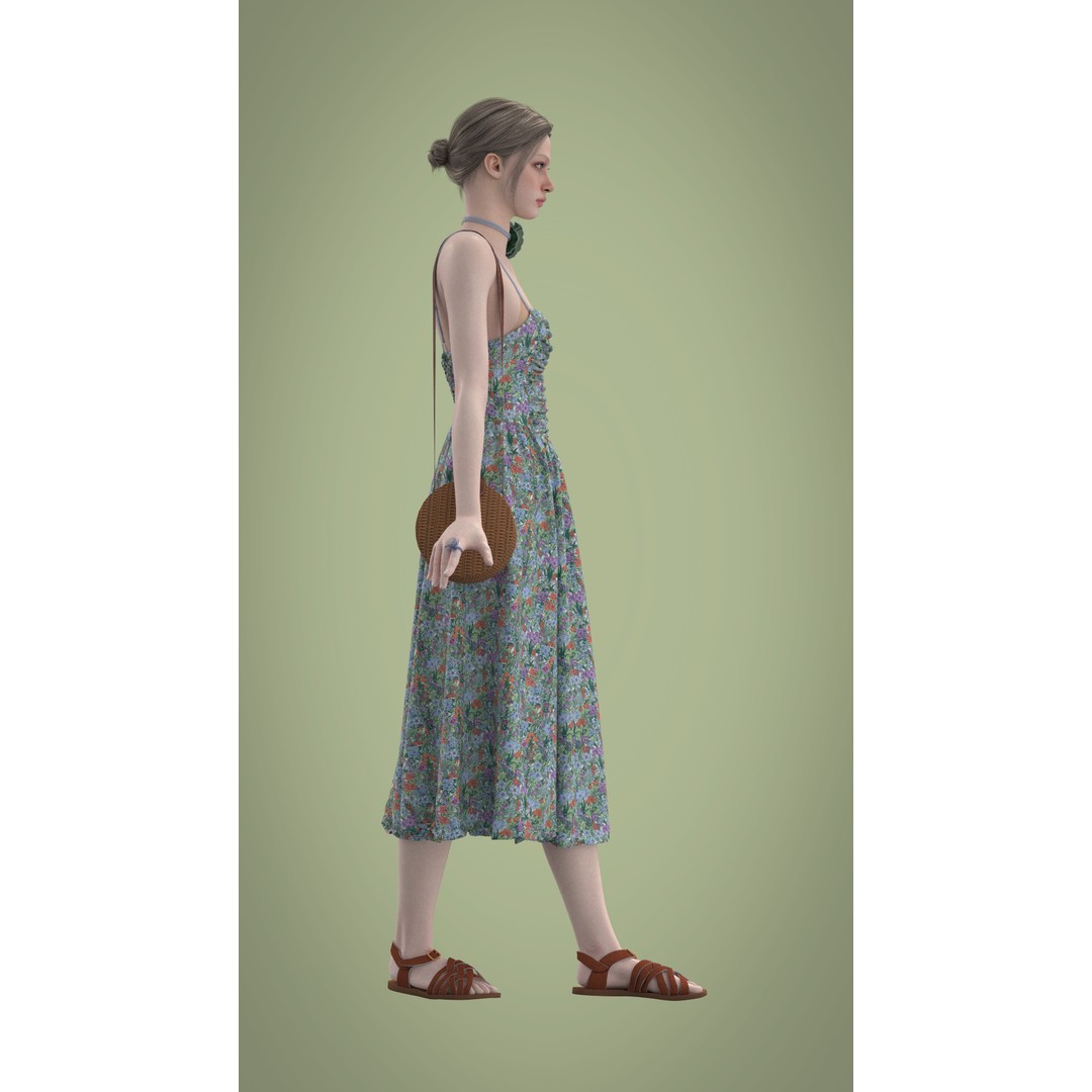 Floral Skirt Dress 3D Model – Elegant CLO 3D Design with Bag, FBX & OBJ - View 21