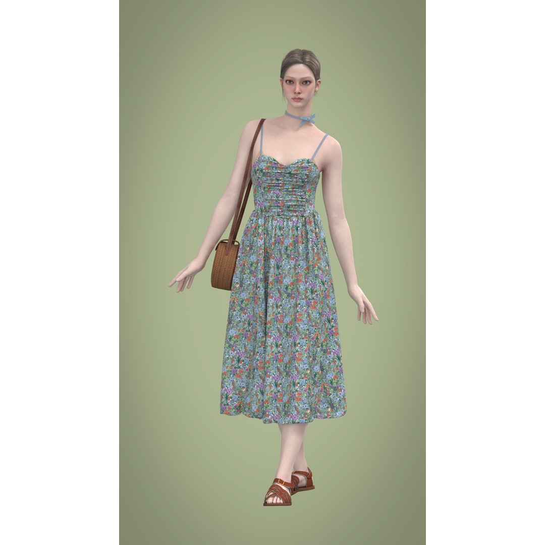 Floral Skirt Dress 3D Model – Elegant CLO 3D Design with Bag, FBX & OBJ - View 22
