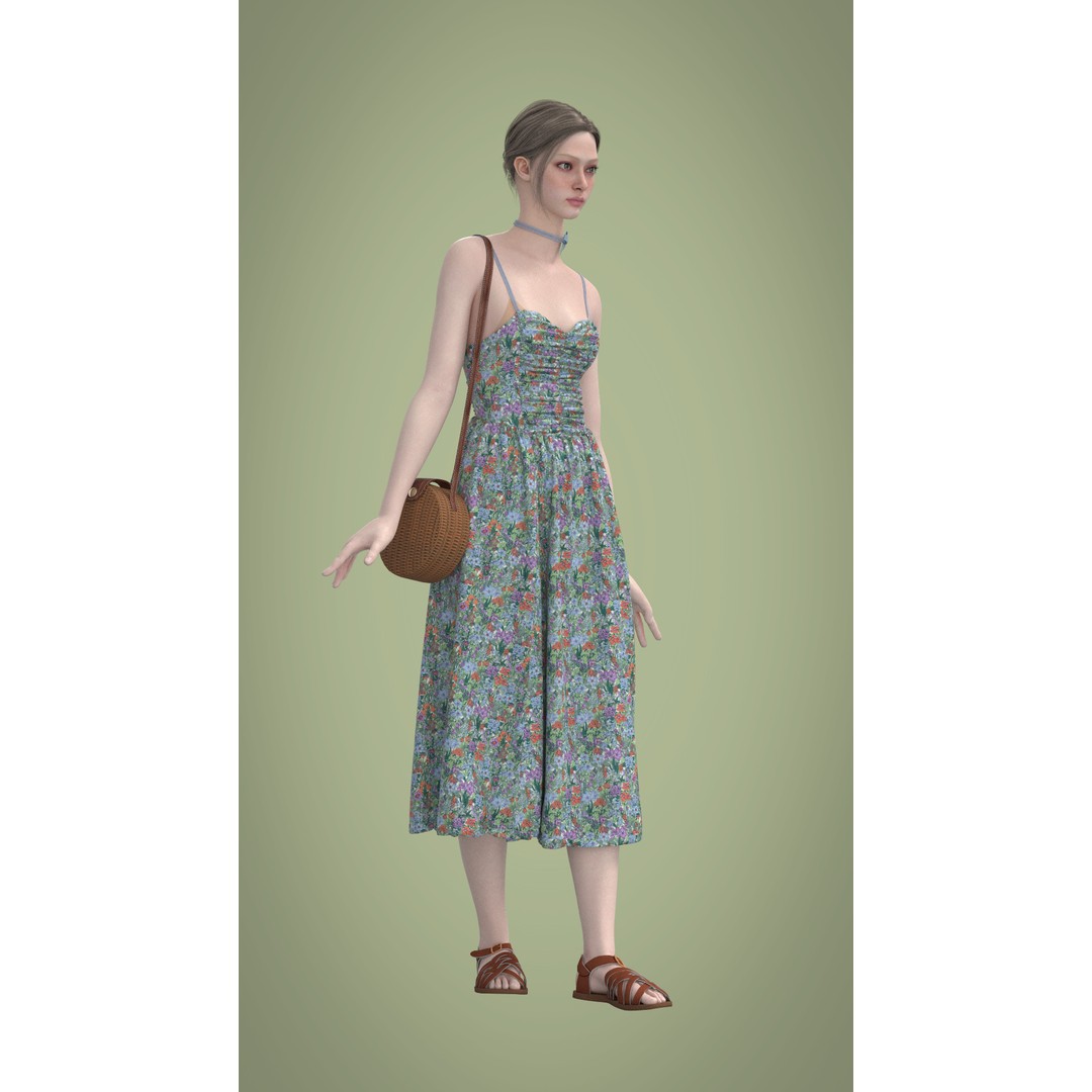 Floral Skirt Dress 3D Model – Elegant CLO 3D Design with Bag, FBX & OBJ - View 23