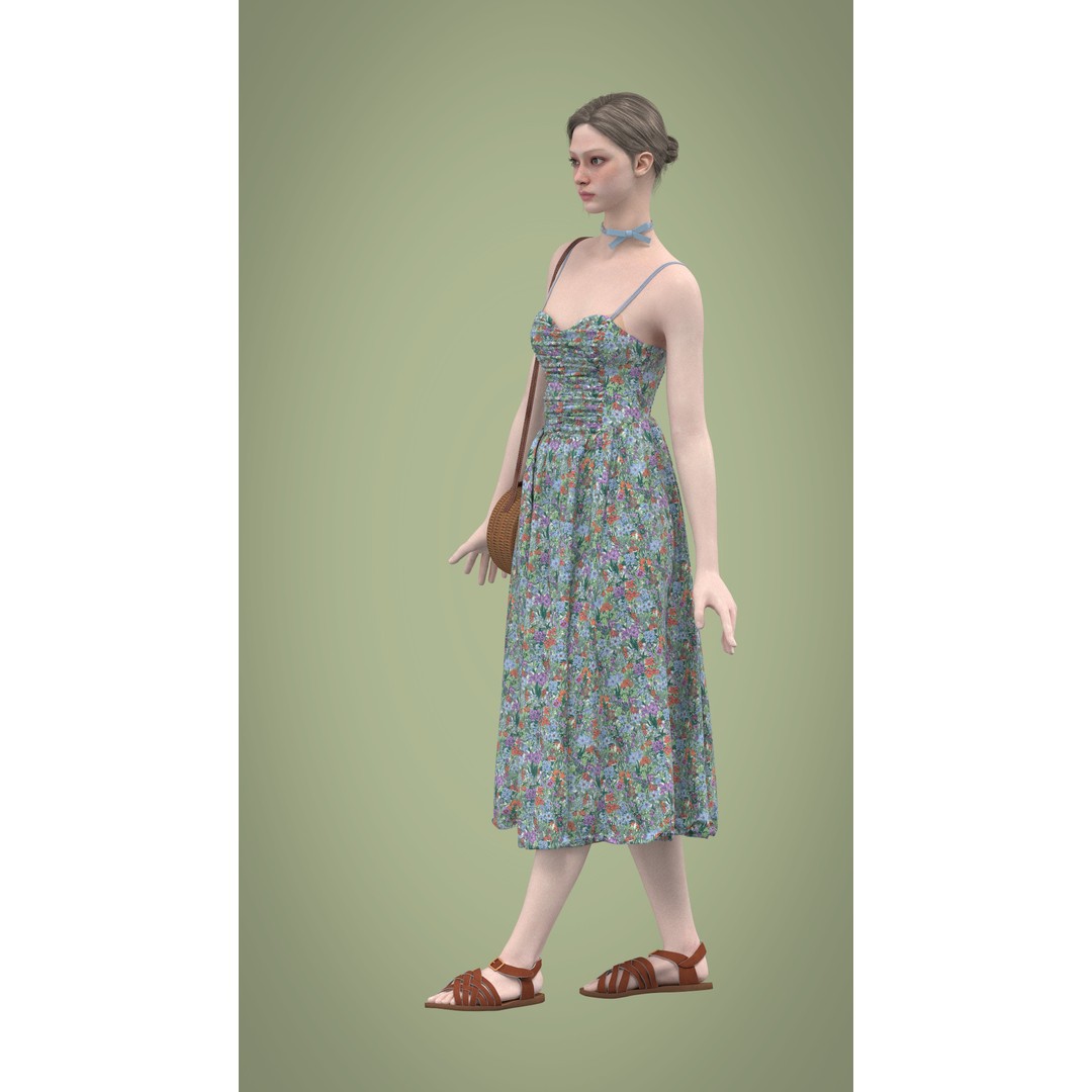Floral Skirt Dress 3D Model – Elegant CLO 3D Design with Bag, FBX & OBJ - View 24