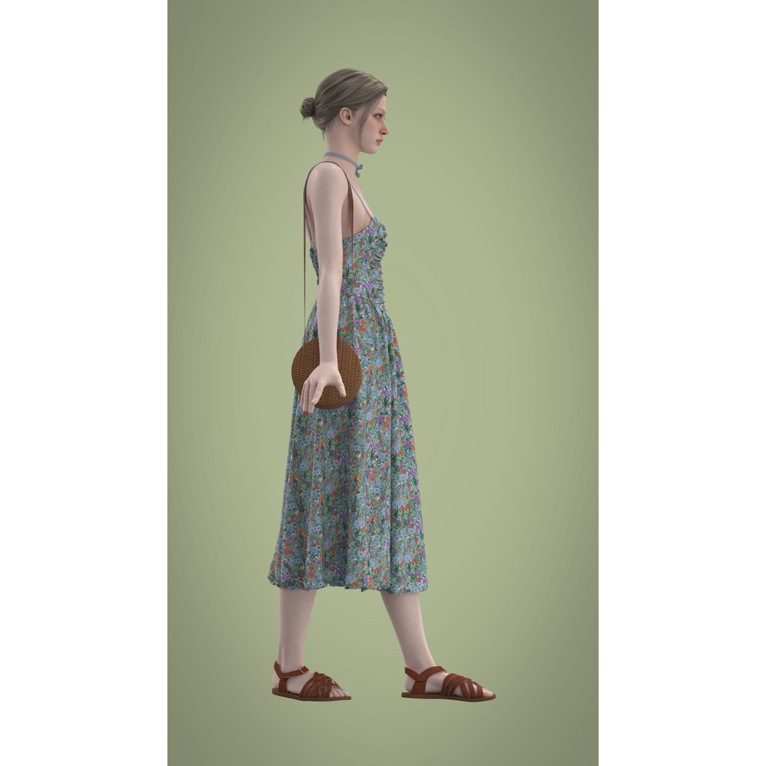 Floral Skirt Dress 3D Model – Elegant CLO 3D Design with Bag, FBX & OBJ - View 25