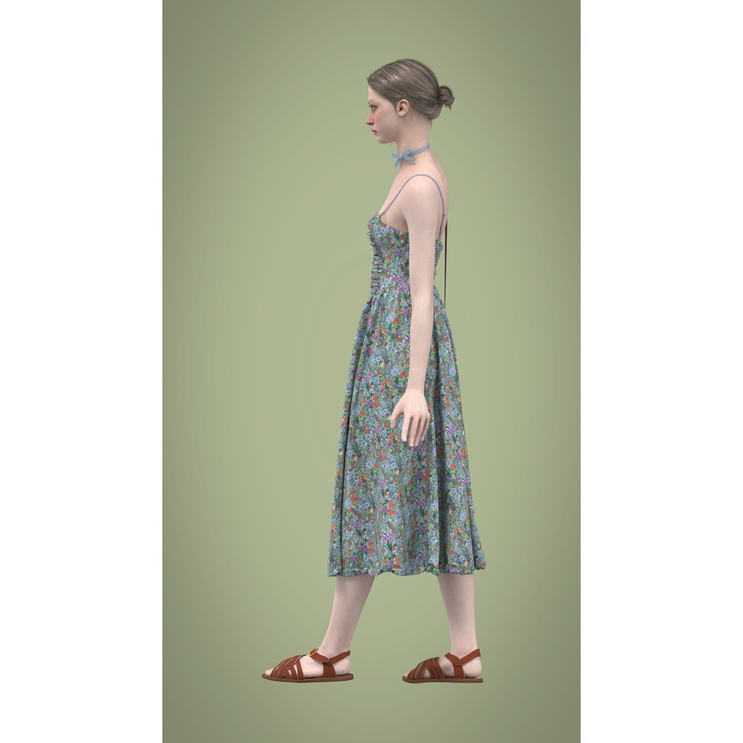 Floral Skirt Dress 3D Model – Elegant CLO 3D Design with Bag, FBX & OBJ - View 26