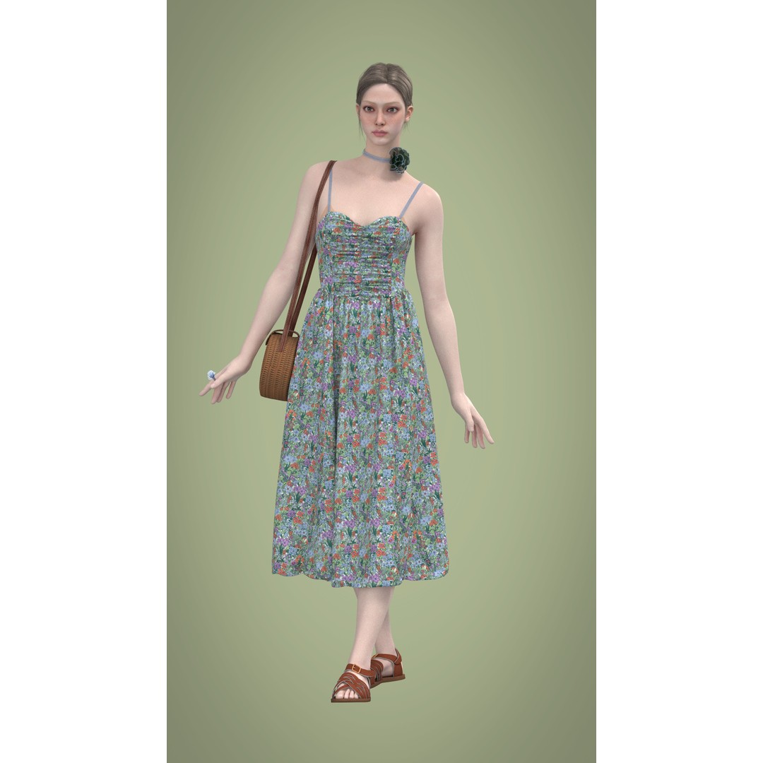 Floral Skirt Dress 3D Model – Elegant CLO 3D Design with Bag, FBX & OBJ - View 3