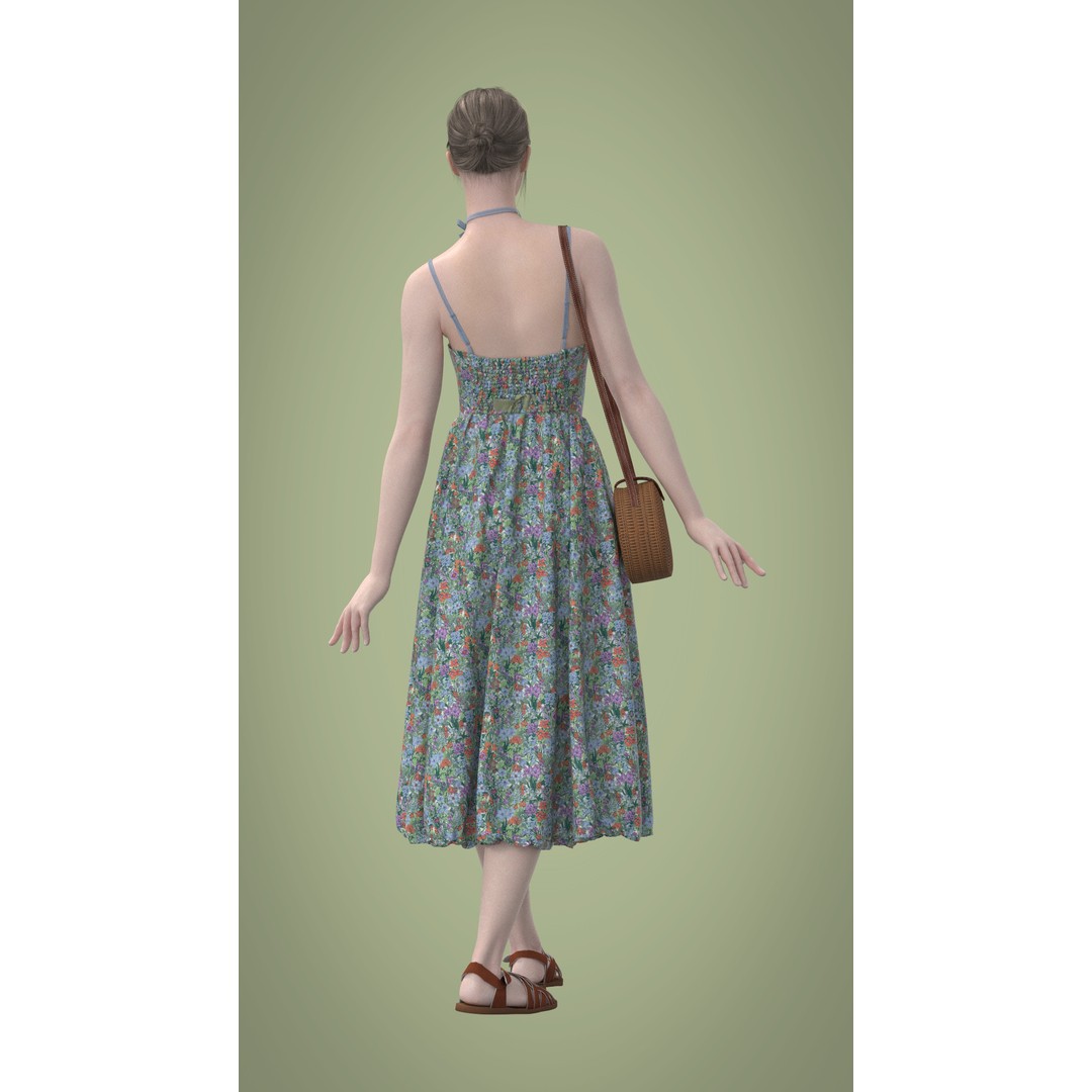 Floral Skirt Dress 3D Model – Elegant CLO 3D Design with Bag, FBX & OBJ - View 4
