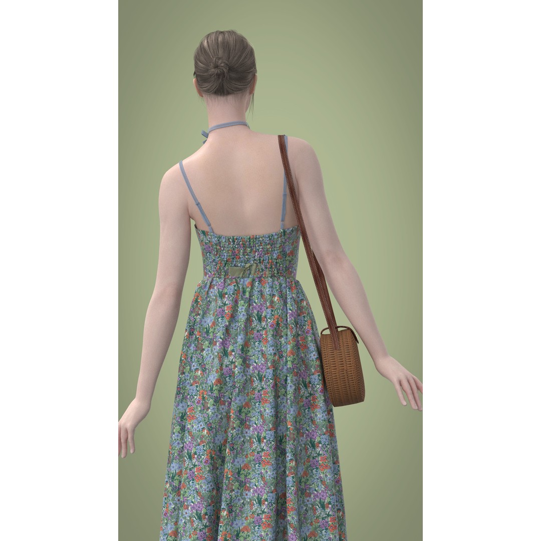 Floral Skirt Dress 3D Model – Elegant CLO 3D Design with Bag, FBX & OBJ - View 5