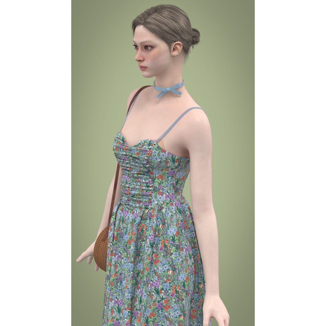 Floral Skirt Dress 3D Model – Elegant CLO 3D Design with Bag, FBX & OBJ - View 6