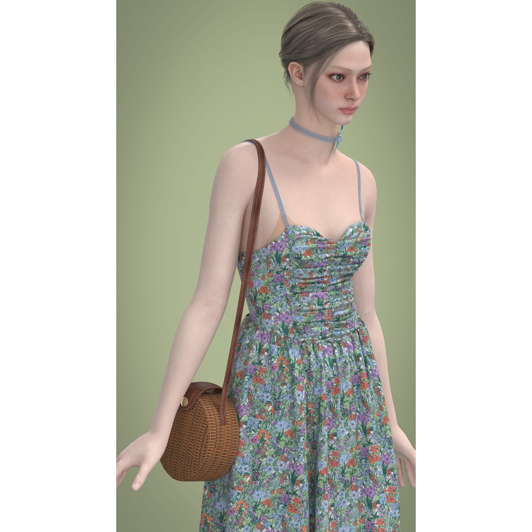 Floral Skirt Dress 3D Model – Elegant CLO 3D Design with Bag, FBX & OBJ - View 7