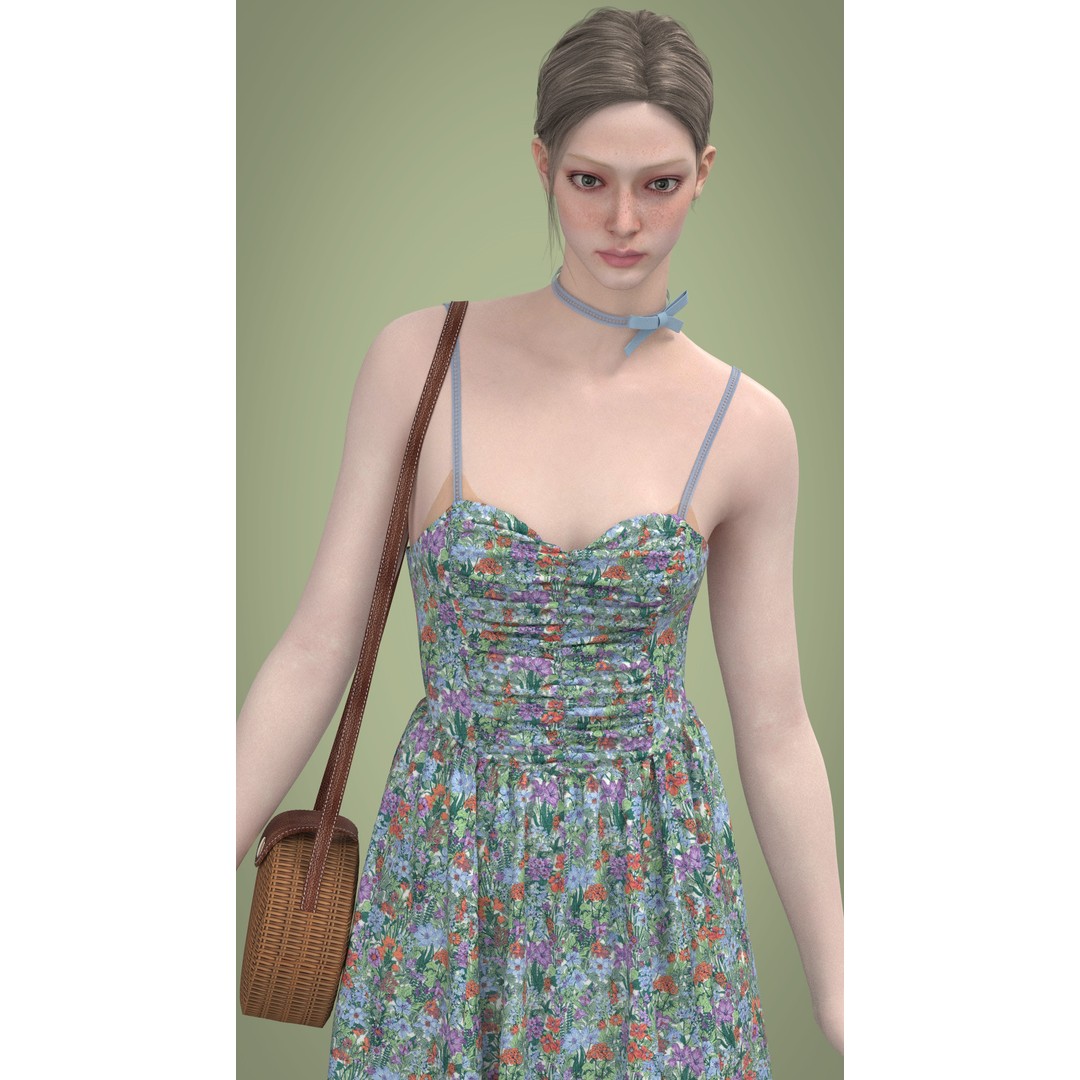 Floral Skirt Dress 3D Model – Elegant CLO 3D Design with Bag, FBX & OBJ - View 8