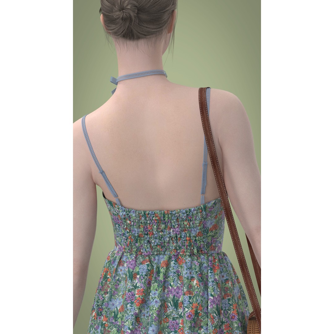 Floral Skirt Dress 3D Model – Elegant CLO 3D Design with Bag, FBX & OBJ - View 9