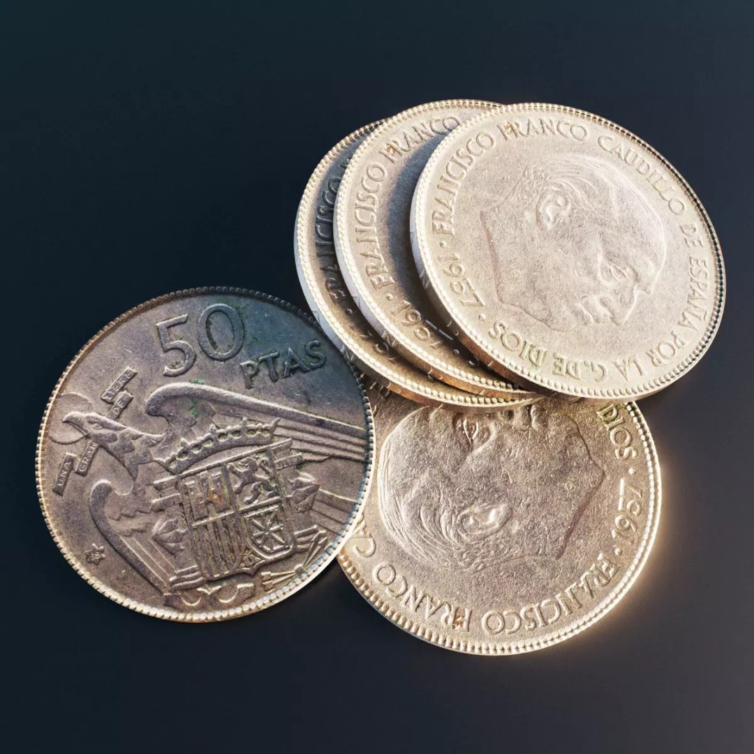 Spanish 50 Pesetas Coin 3D Model – Low Poly PBR Game Asset, FBX - View 2