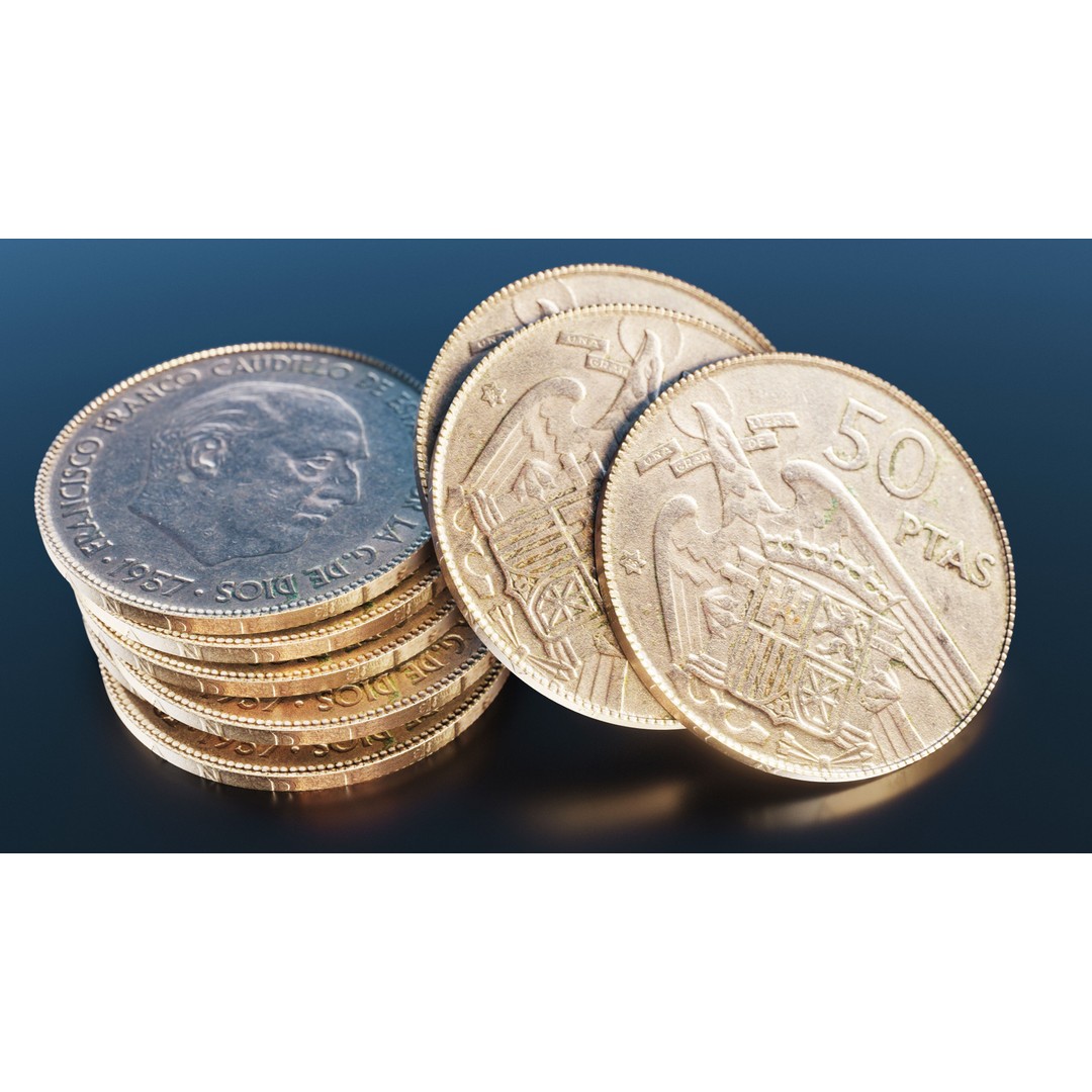 Spanish 50 Pesetas Coin 3D Model – Low Poly PBR Game Asset, FBX - View 3