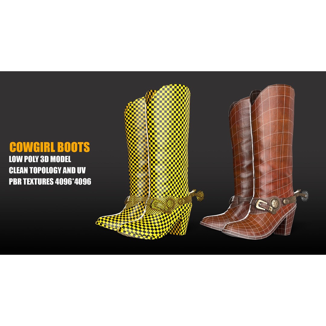 Leather Cowgirl Boots 3D Model – Low Poly Game Asset, FBX & OBJ - View 5