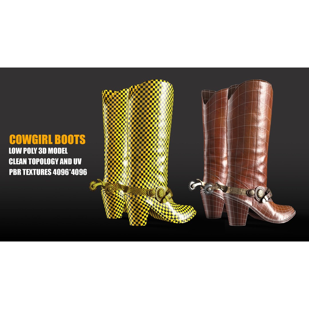 Leather Cowgirl Boots 3D Model – Low Poly Game Asset, FBX & OBJ - View 6