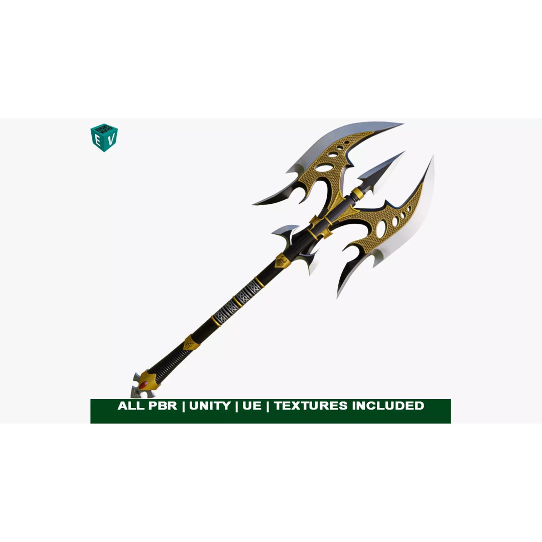 Golden Battle Axe 3D Model – Low Poly PBR Game Asset, FBX, Unity, UE - View 2