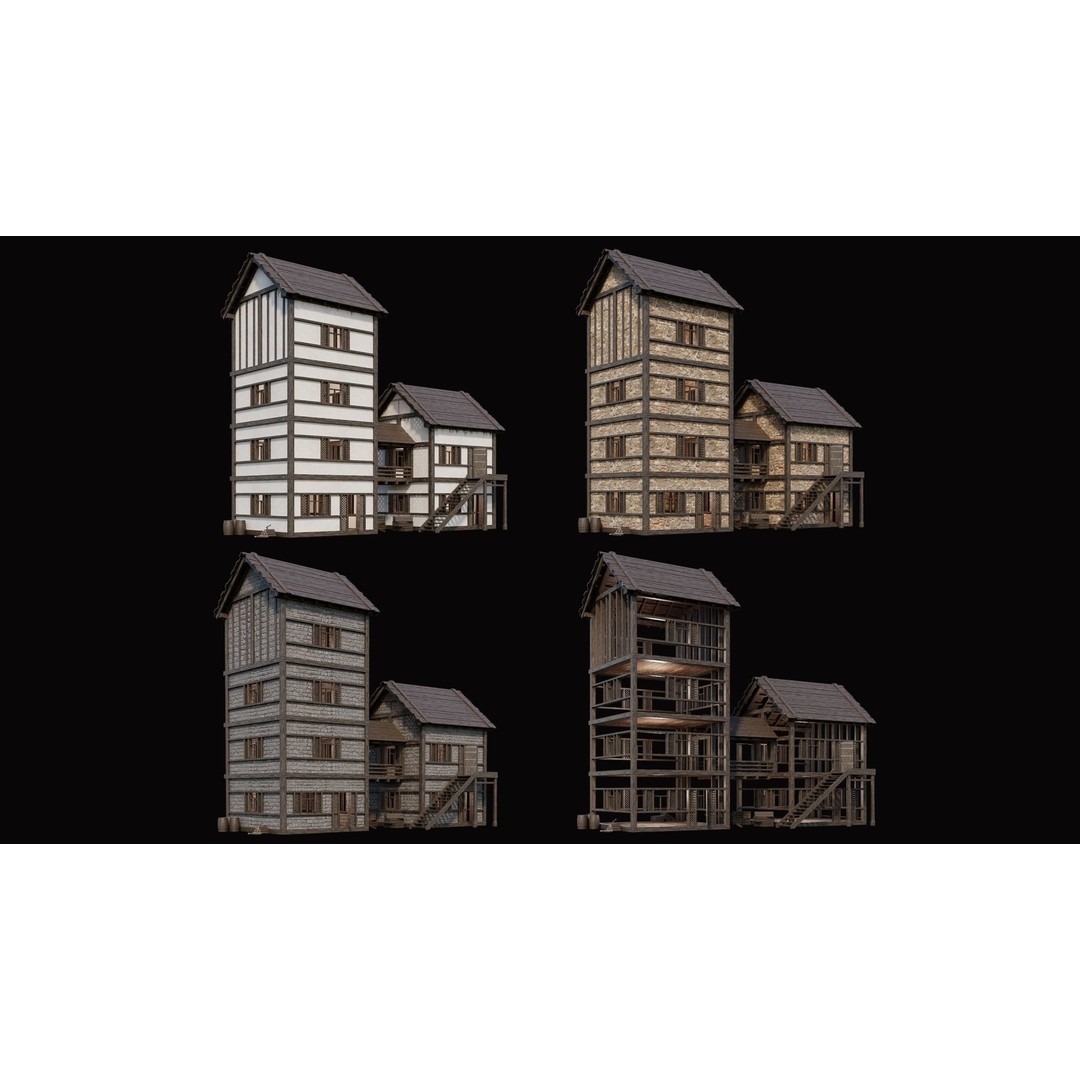 Medieval Village Houses 3D Model – Low Poly Game Ready Asset, PBR - View 11