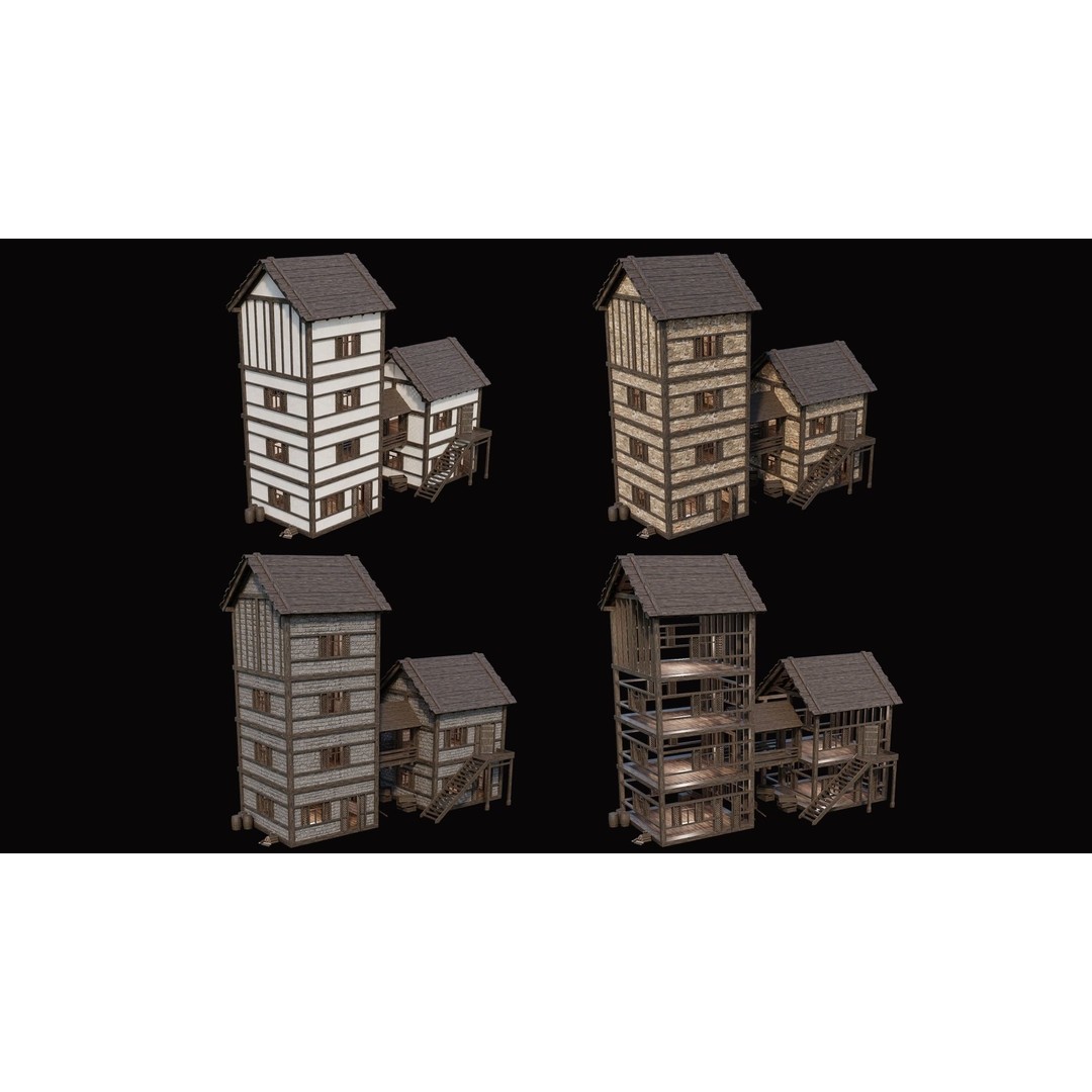 Medieval Village Houses 3D Model – Low Poly Game Ready Asset, PBR - View 12