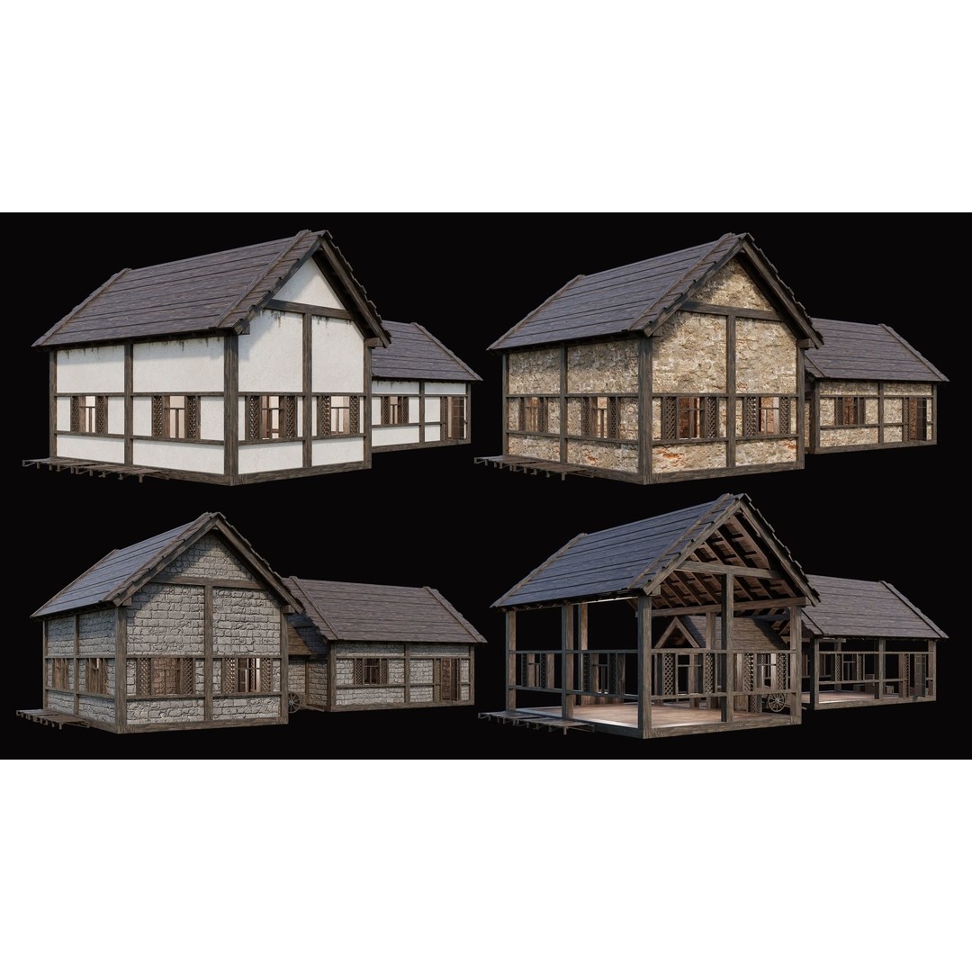 Medieval Village Houses 3D Model – Low Poly Game Ready Asset, PBR - View 19
