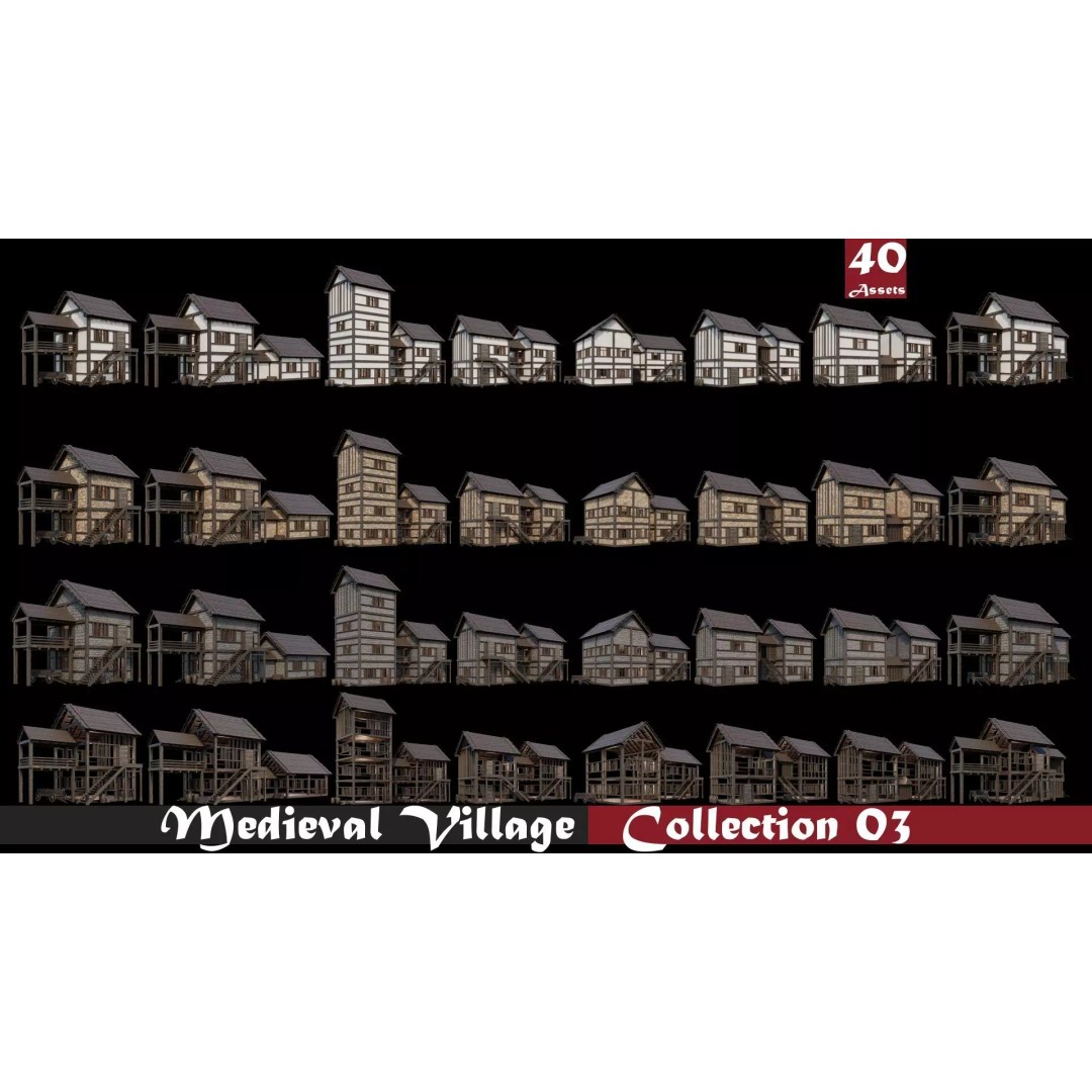 Medieval Village Houses 3D Model – Low Poly Game Ready Asset, PBR - View 2