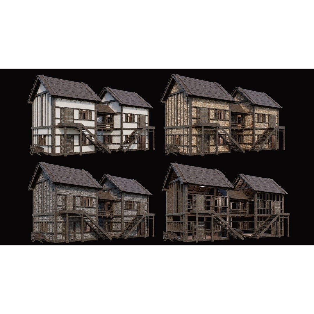 Medieval Village Houses 3D Model – Low Poly Game Ready Asset, PBR - View 23