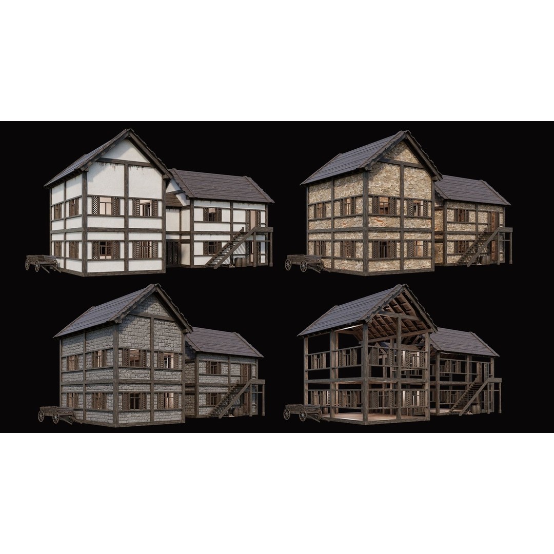 Medieval Village Houses 3D Model – Low Poly Game Ready Asset, PBR - View 26