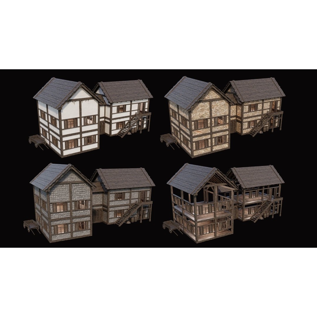 Medieval Village Houses 3D Model – Low Poly Game Ready Asset, PBR - View 27