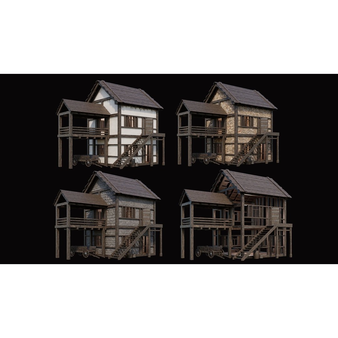 Medieval Village Houses 3D Model – Low Poly Game Ready Asset, PBR - View 3