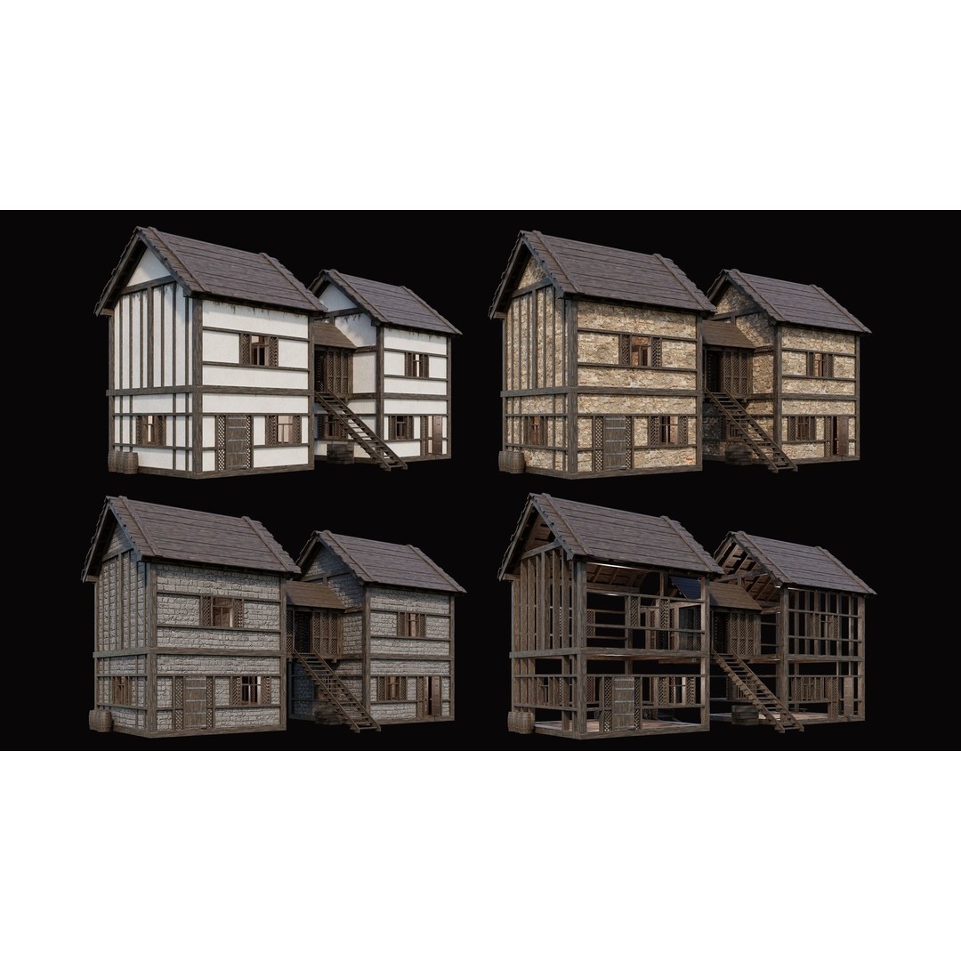 Medieval Village Houses 3D Model – Low Poly Game Ready Asset, PBR - View 30