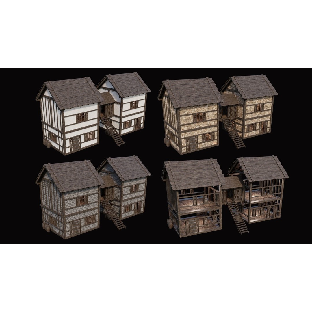Medieval Village Houses 3D Model – Low Poly Game Ready Asset, PBR - View 31