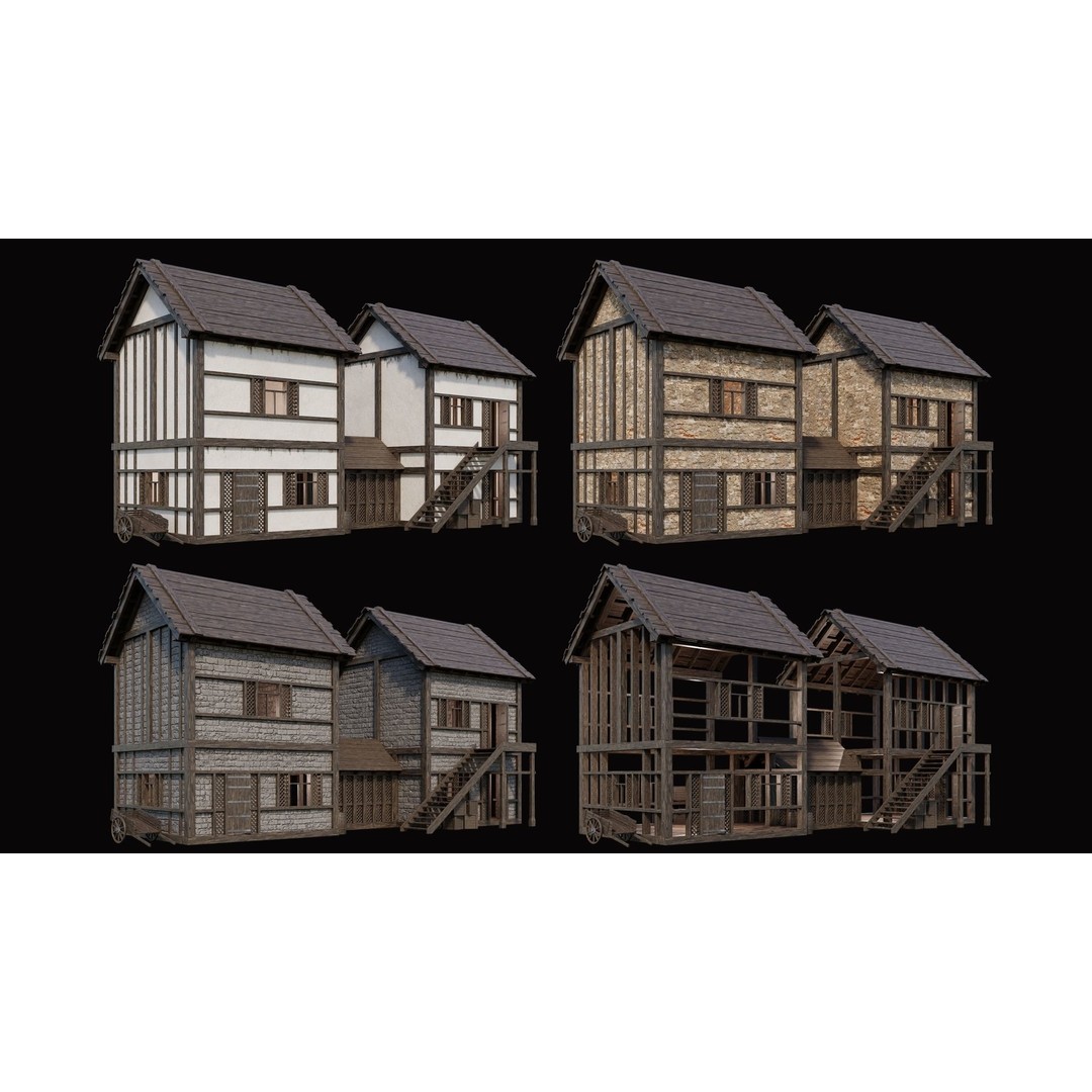 Medieval Village Houses 3D Model – Low Poly Game Ready Asset, PBR - View 34