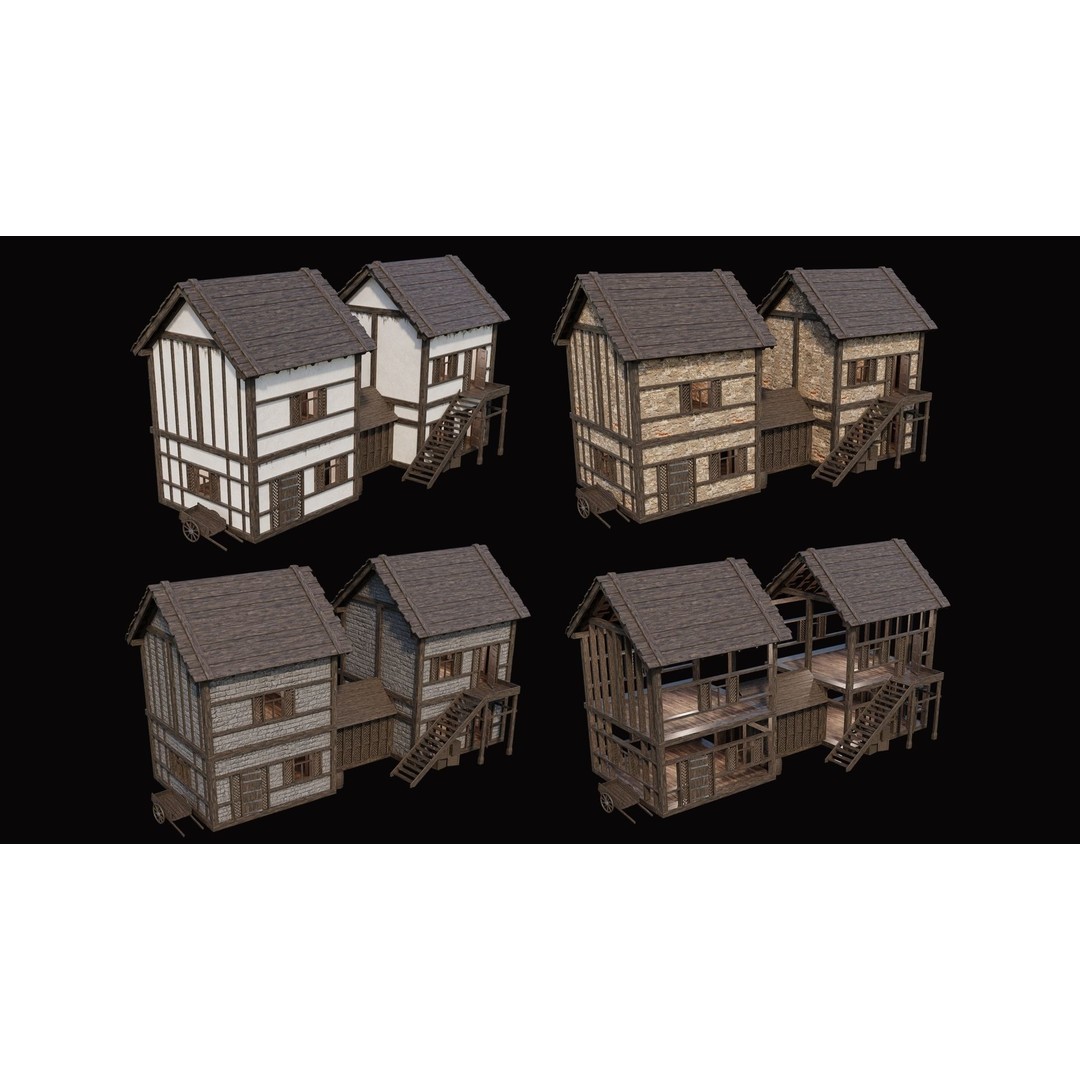 Medieval Village Houses 3D Model – Low Poly Game Ready Asset, PBR - View 35