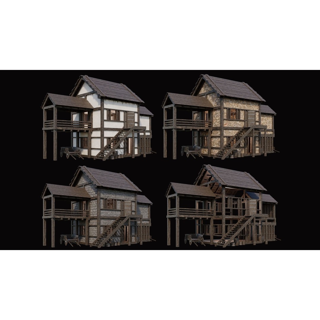 Medieval Village Houses 3D Model – Low Poly Game Ready Asset, PBR - View 38