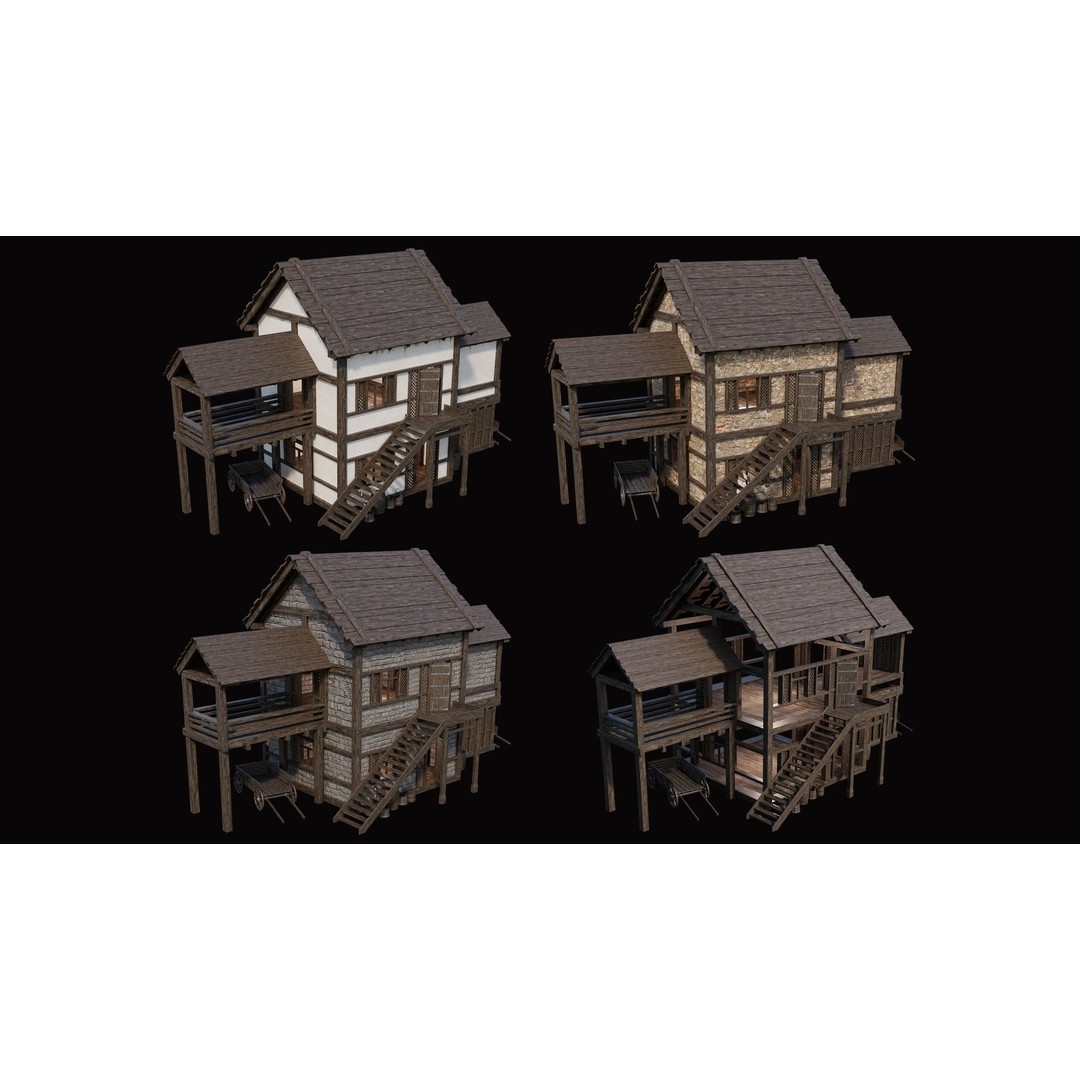 Medieval Village Houses 3D Model – Low Poly Game Ready Asset, PBR - View 39